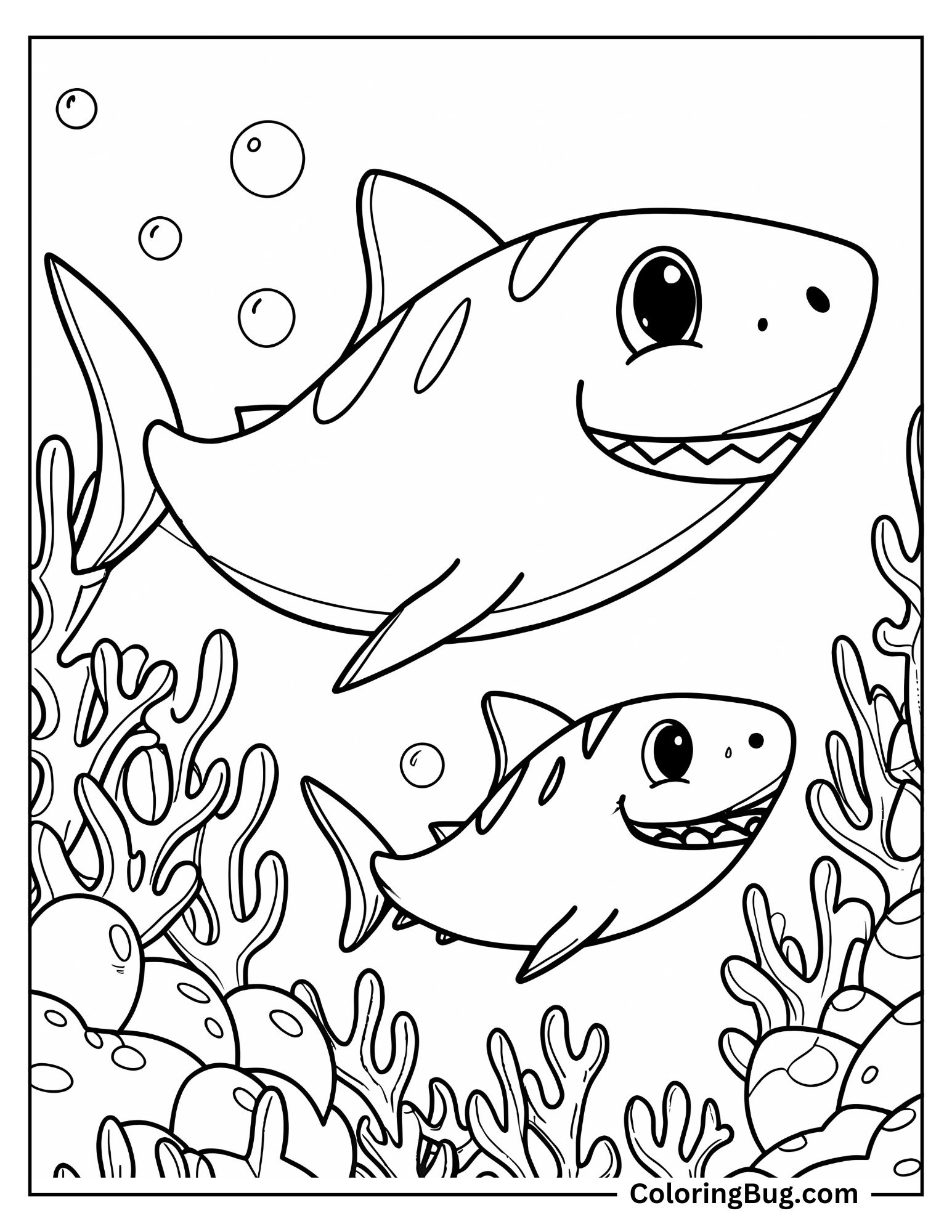 Baby Shark Swimming Along Mummy Shark Under Water Reef Coloring Sheet