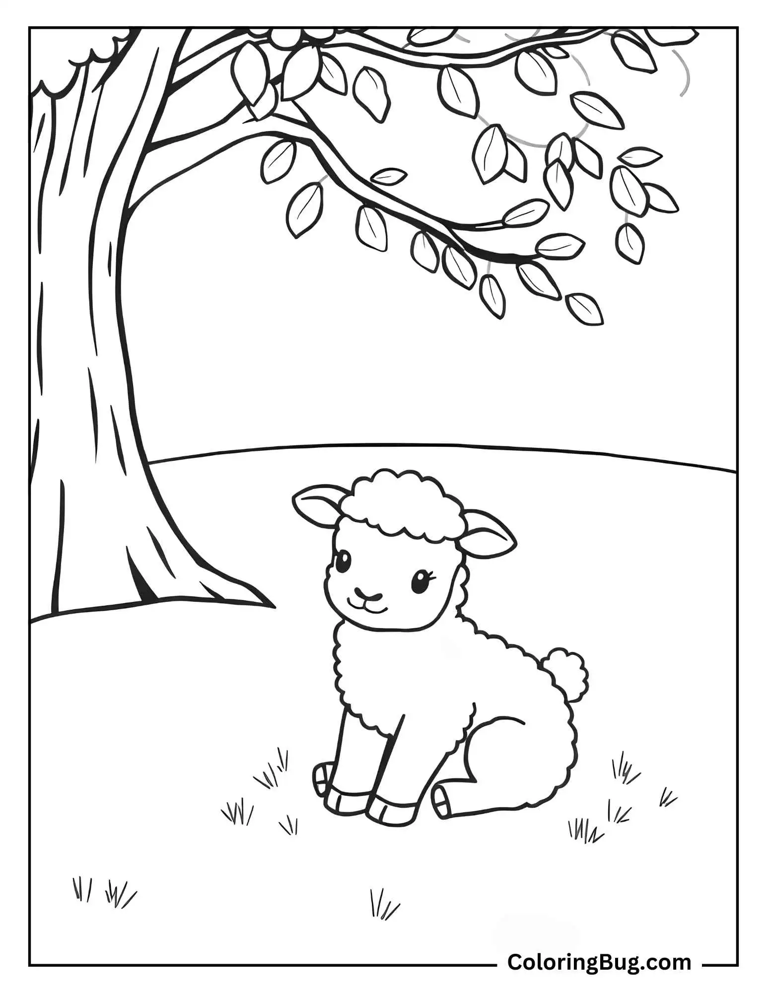 Baby Sheep Sitting Under Tree Coloring Sheet