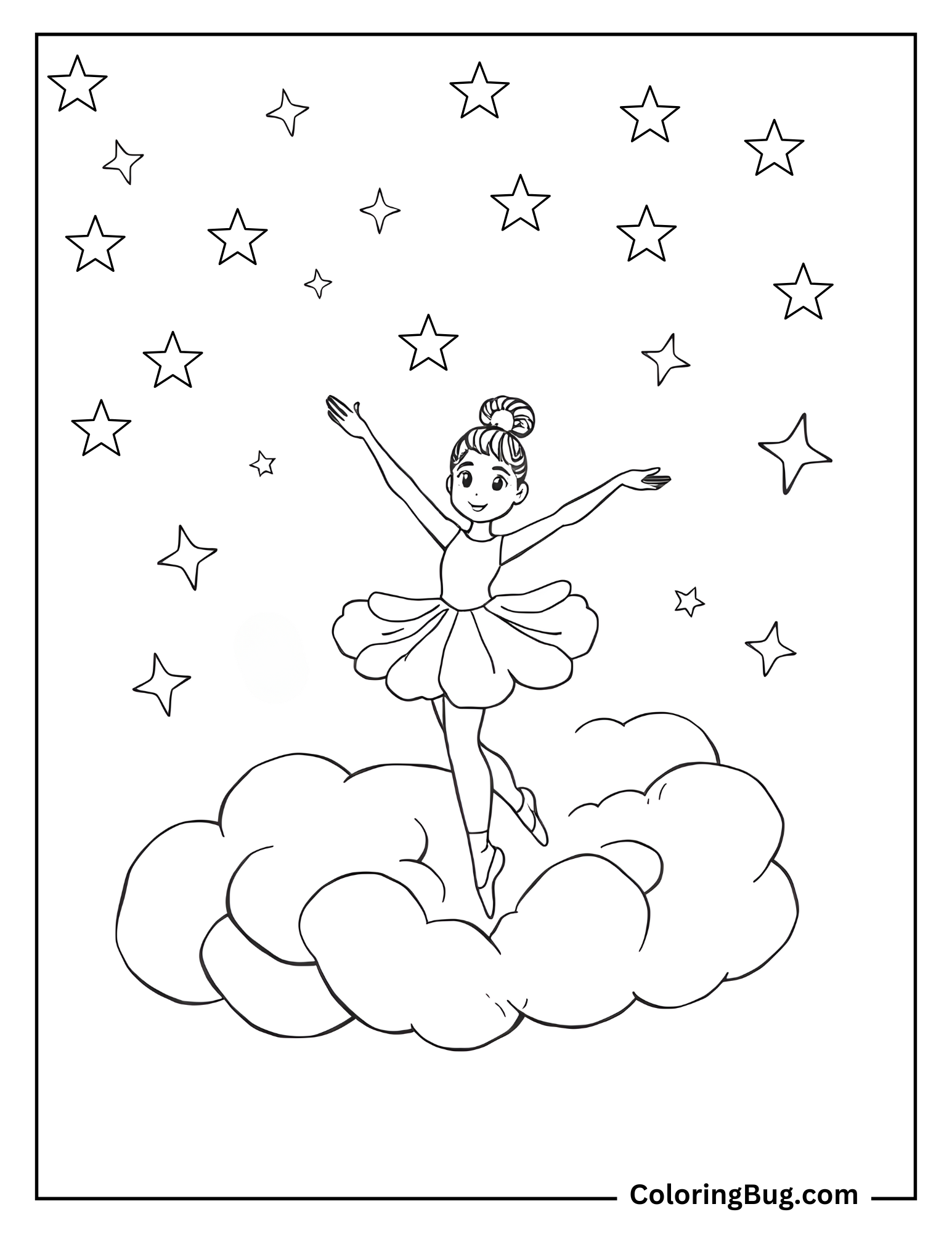 Ballerina Dancing on Fluffy Cloud With Stars Coloring Sheet