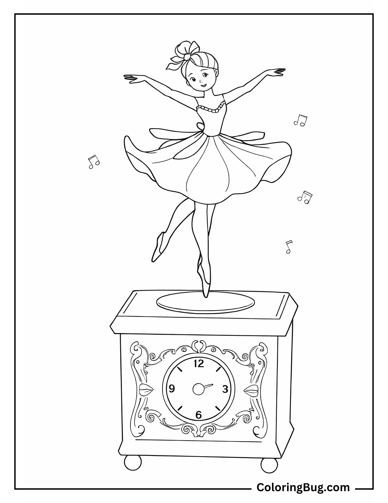 Ballerina Spinning Gracefully on Top of Music Box Coloring Sheet