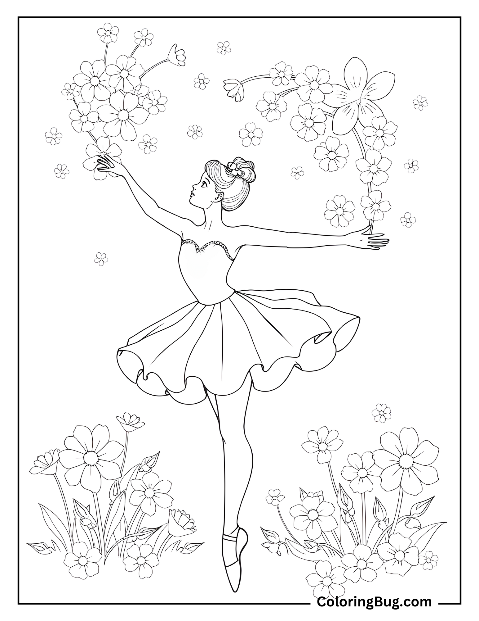 Ballerina With Flowers coloring Sheet