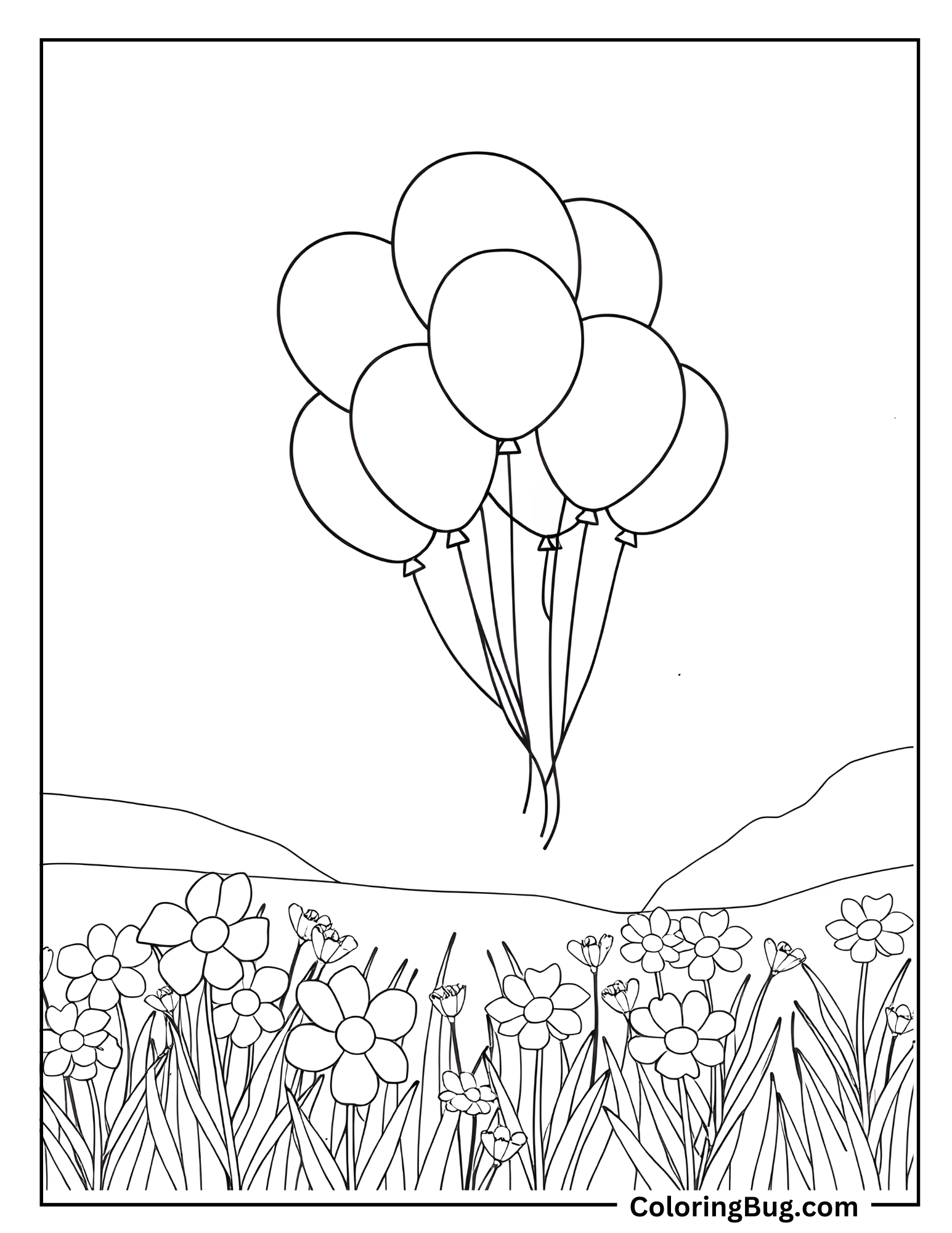Balloons Floating Near Sunflower Field Coloring Sheet