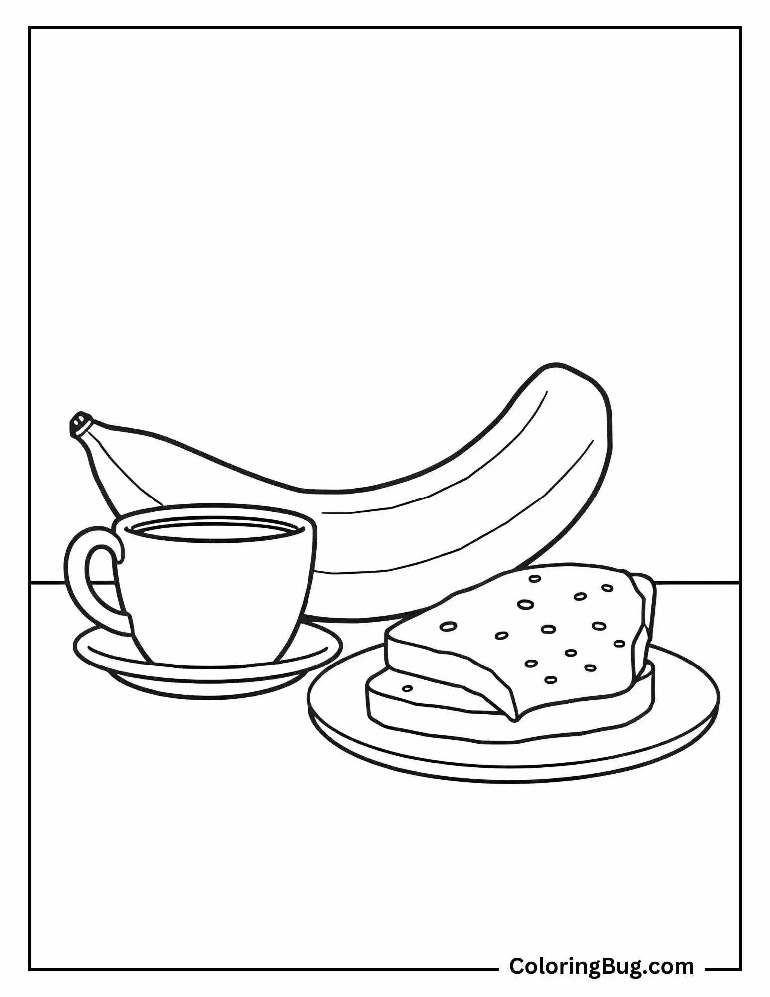 Banana on a Breakfast Table With a Cup of Coffee and Toast coloring Sheet