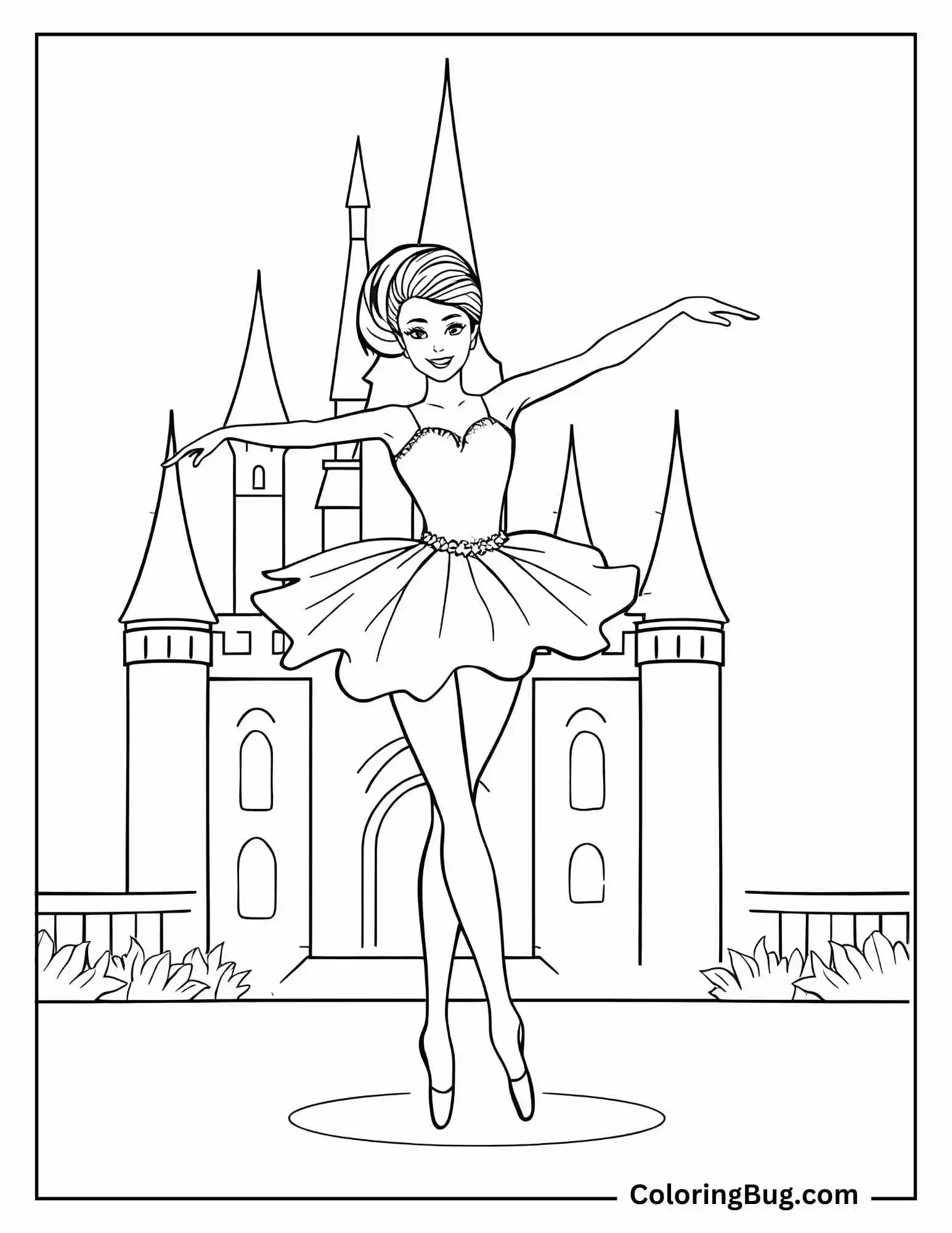 Barbie Doing Ballet In Front of Castle Coloring Sheet