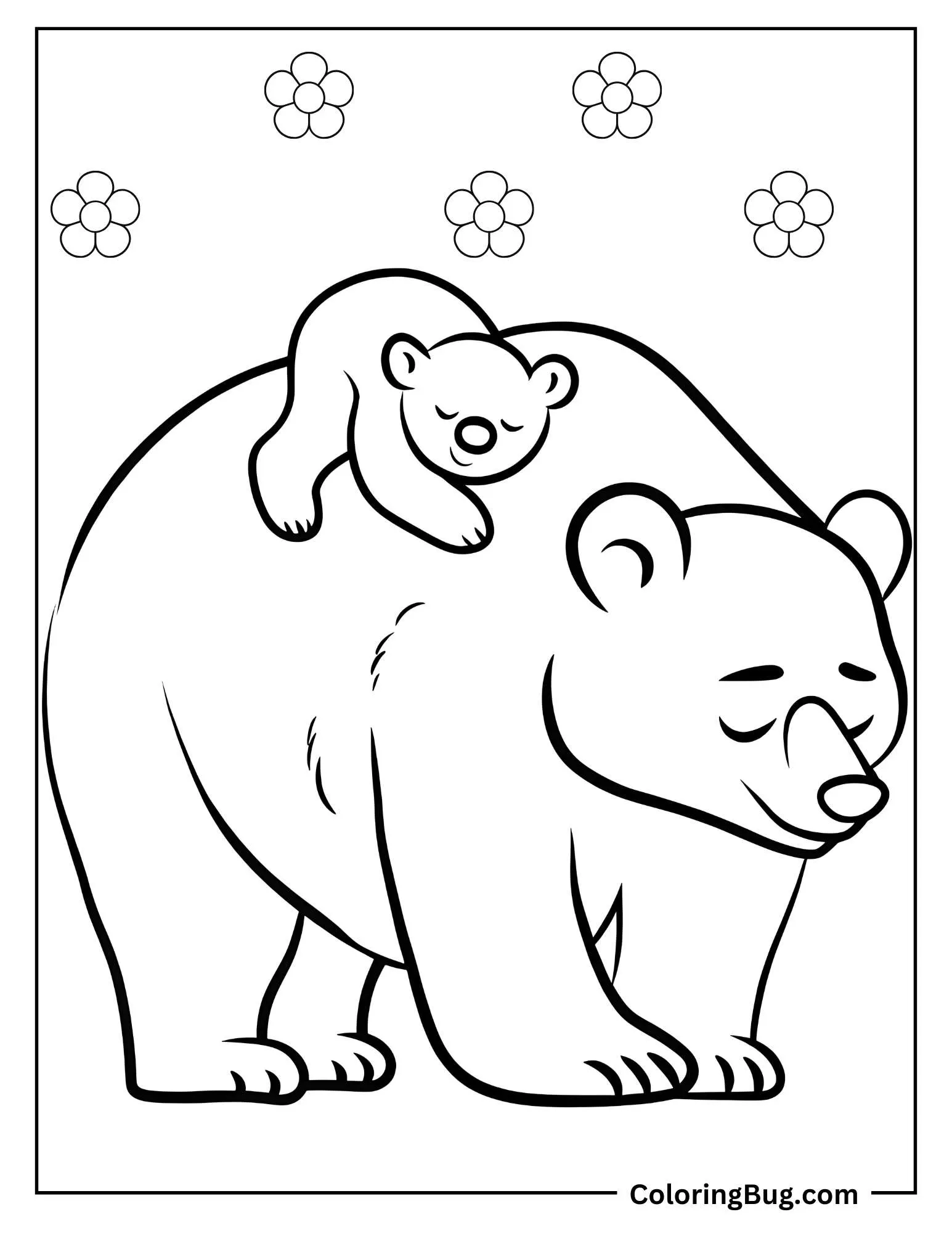 Bear Cub Sleeping On Mama Bear's Back While She's Walking Coloring Sheet