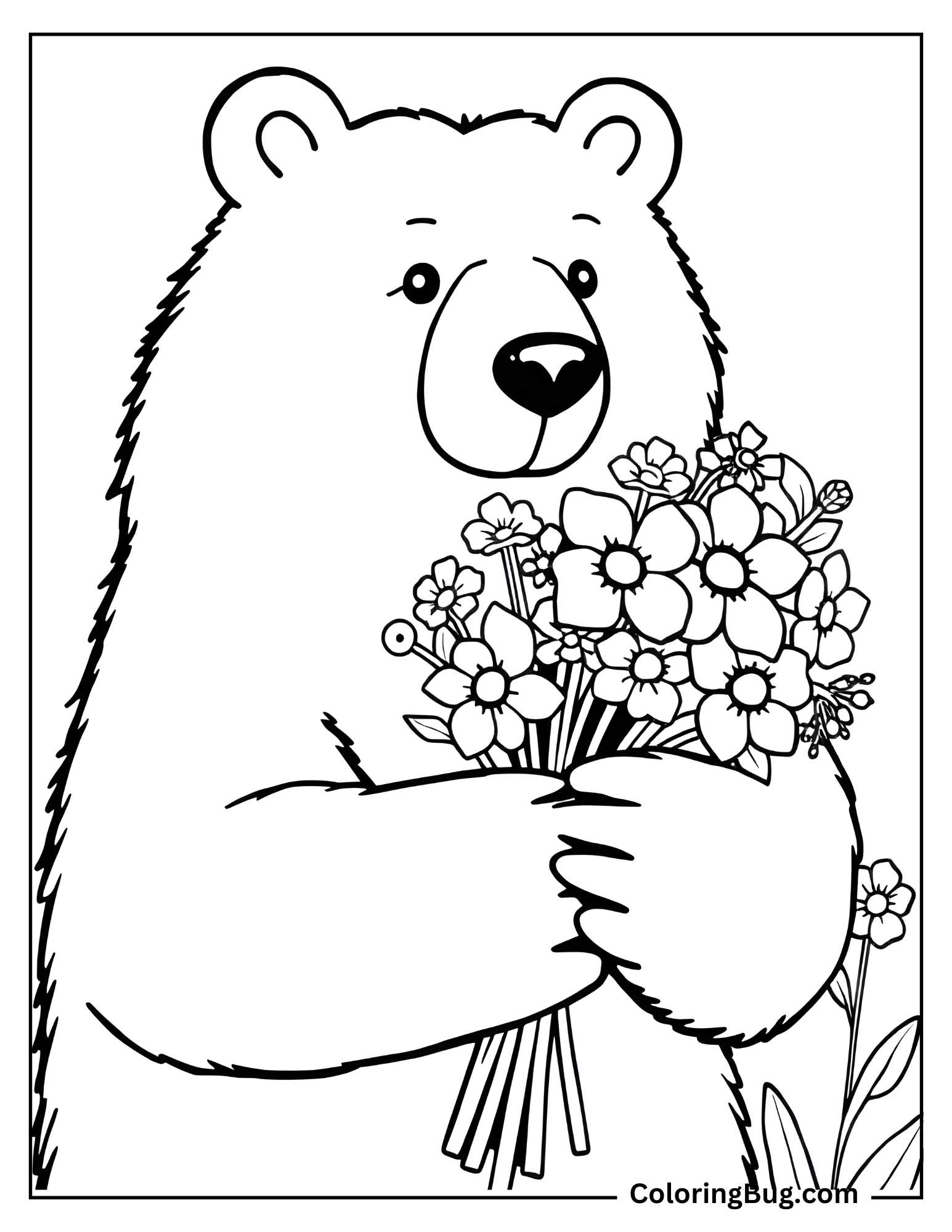 Bear Holding Flowers Coloring Sheet