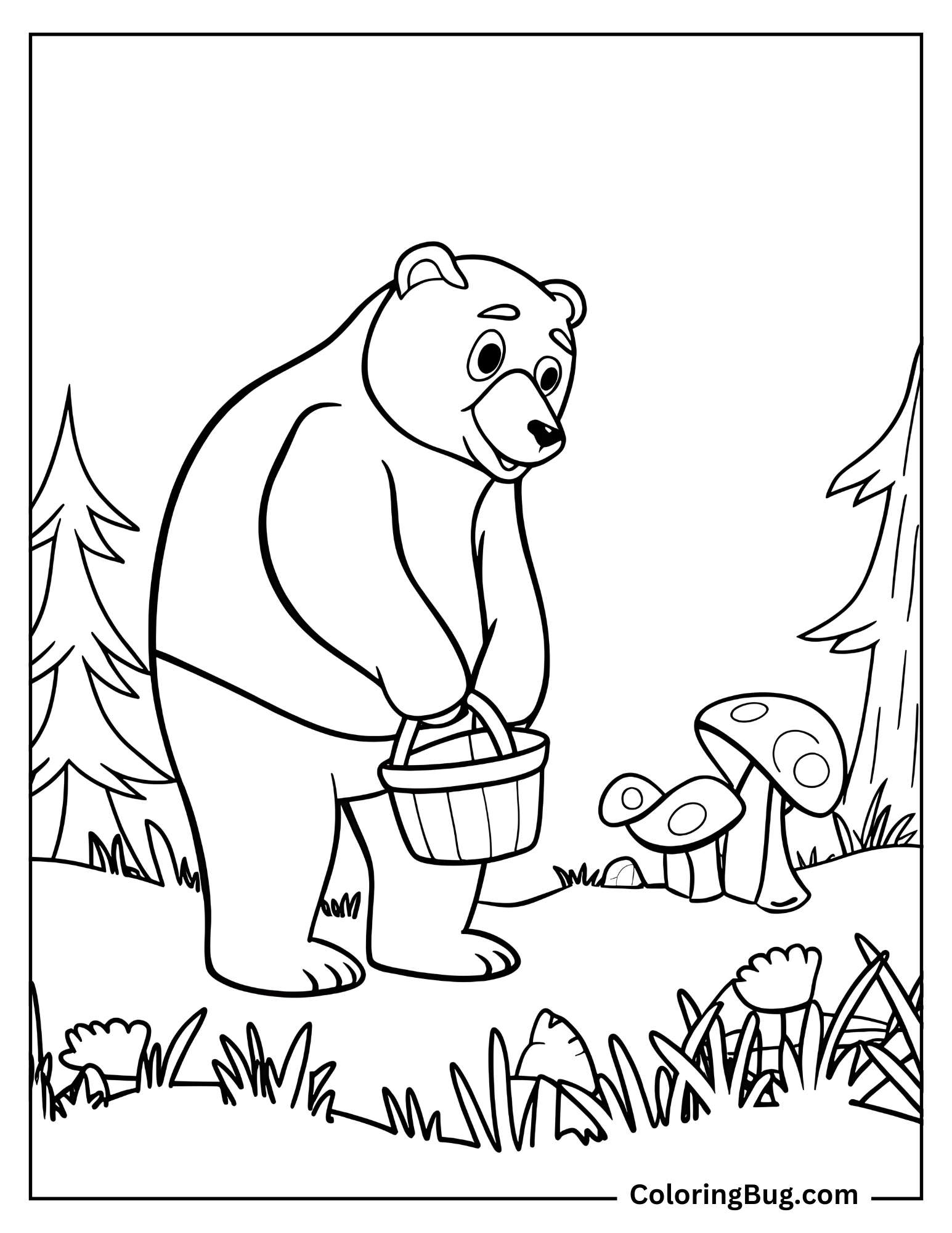 Bear Picking Mushroom Coloring Sheet