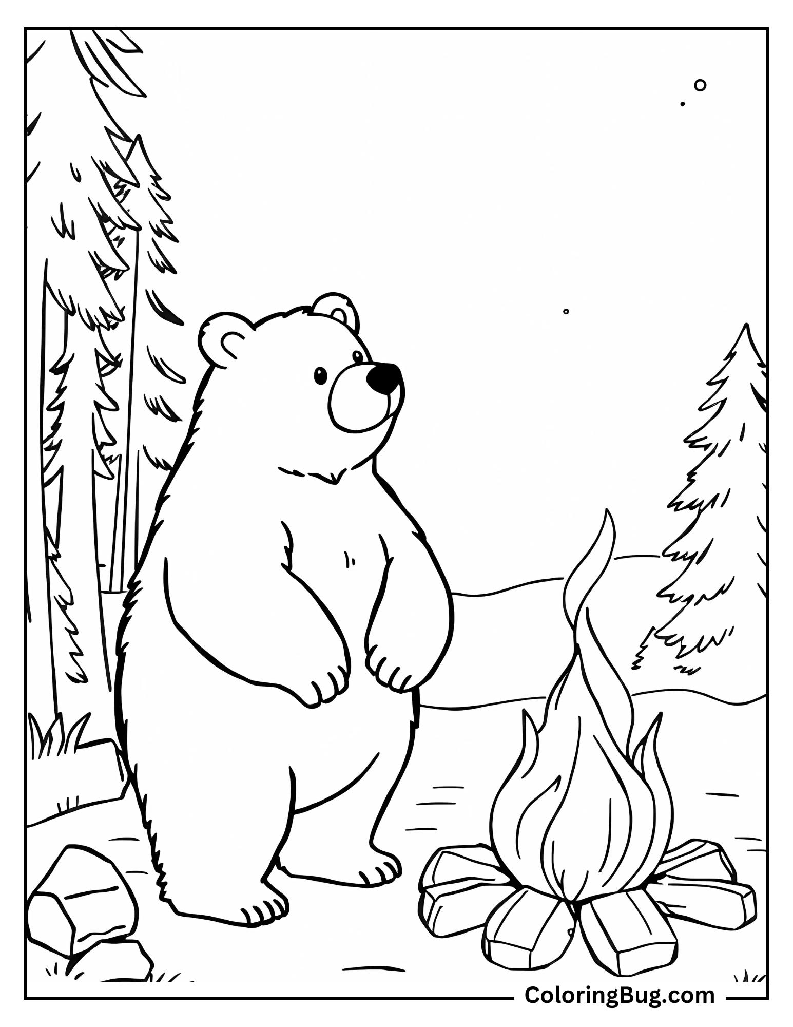 Bear Standing By a Campfire Coloring Sheet