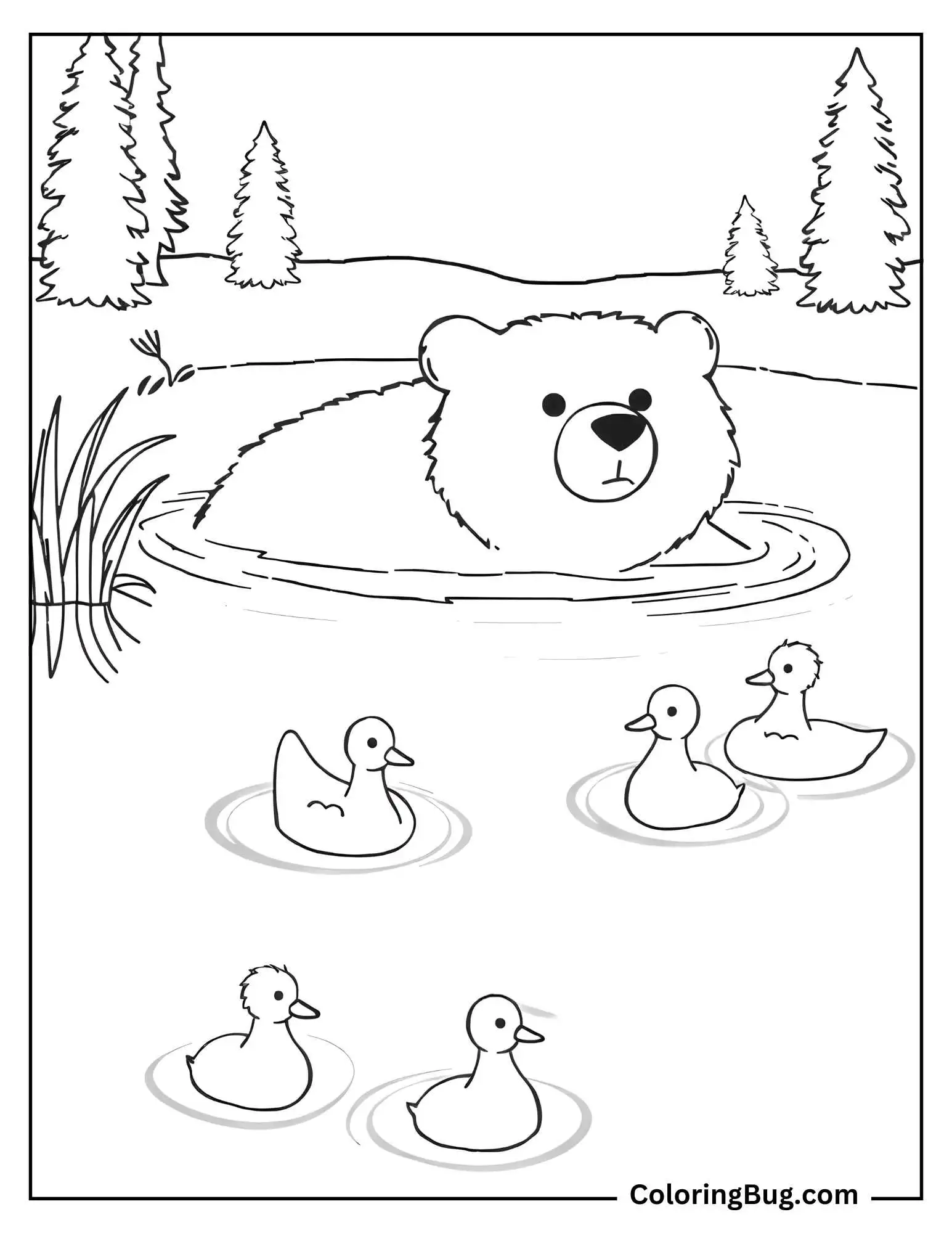 Bear Swimming In Lake With Ducks Coloring Sheet