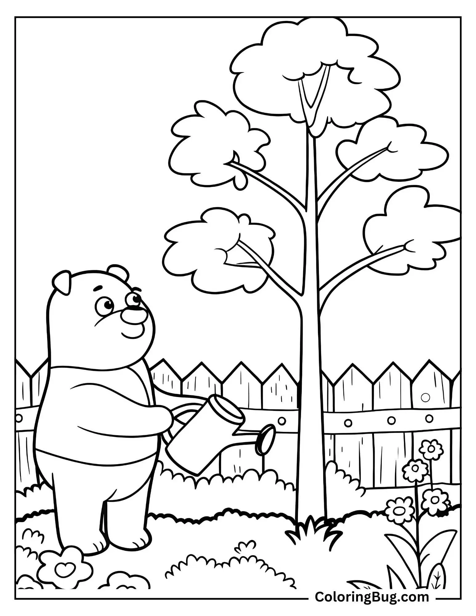 Bear Watering Tree in Garden Coloring Sheet
