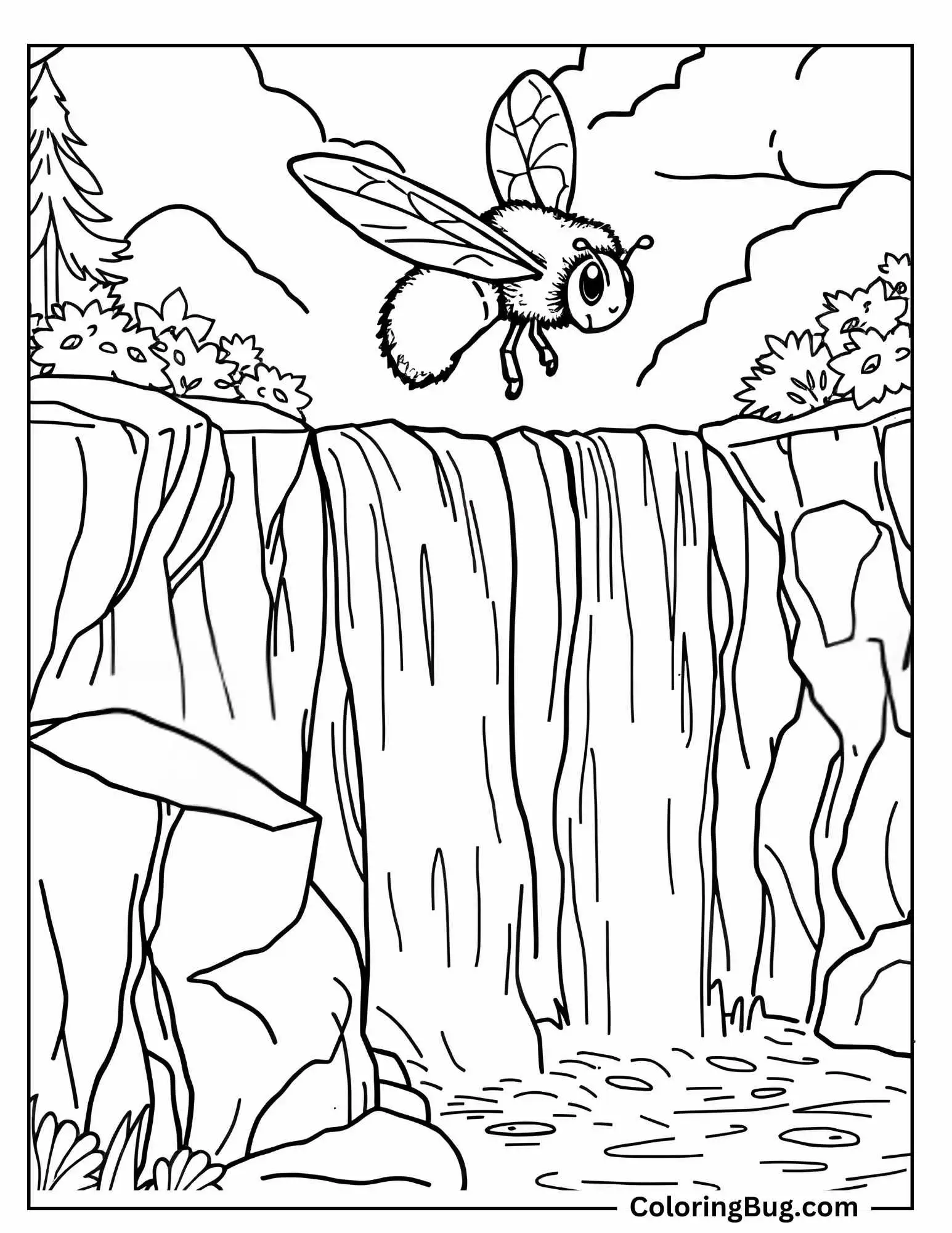 Bee Flying Above Waterfall Coloring Sheet