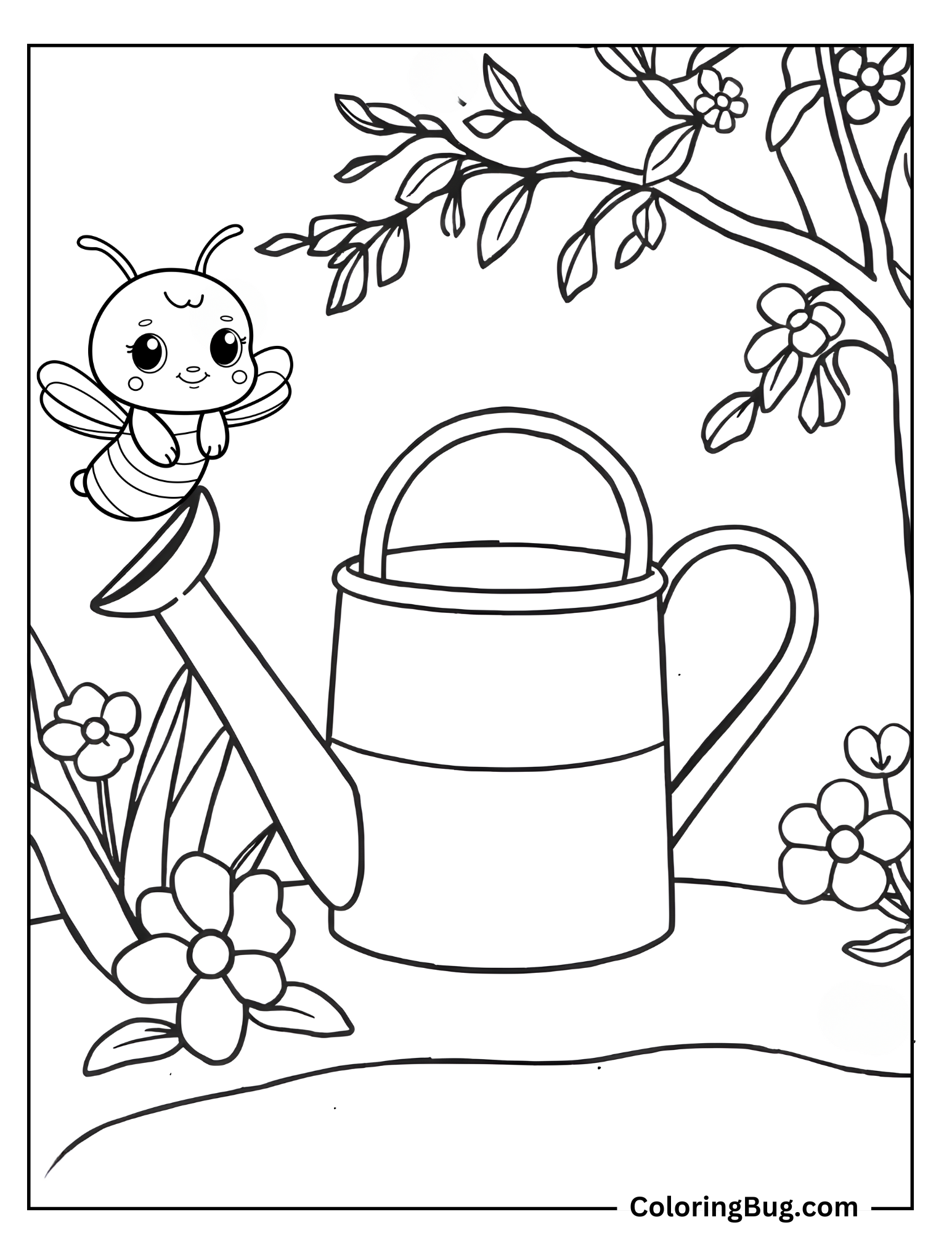 Bee Perched On Watering Can Coloring Sheet