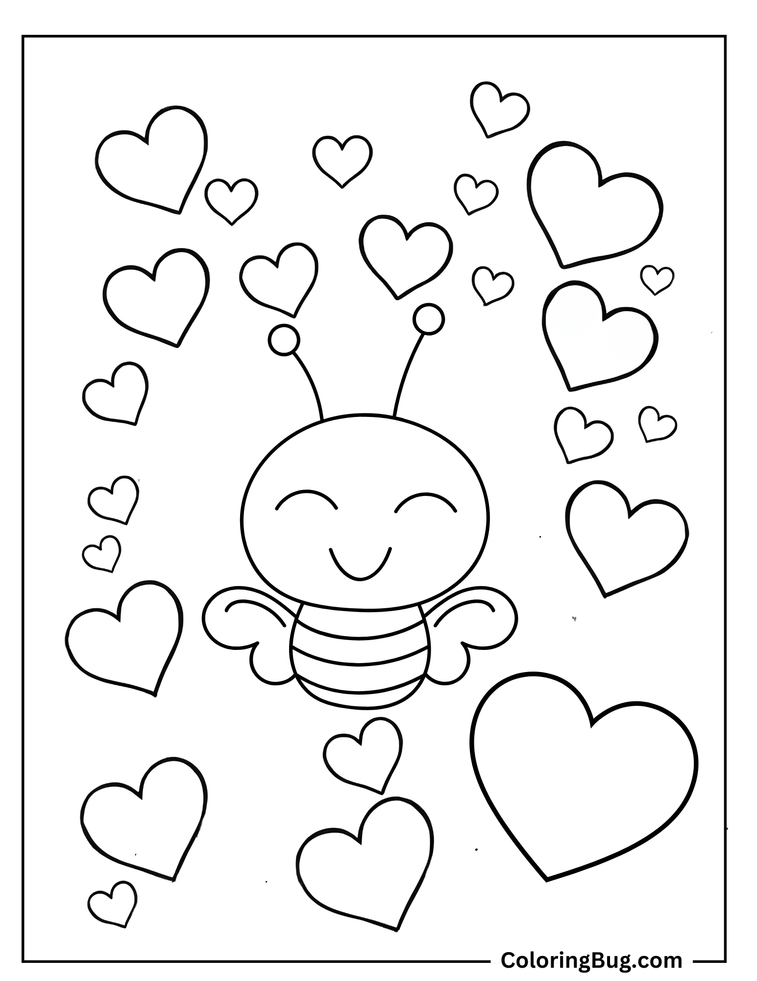 Bee Surrounded By Floating Hearts Coloring Sheet