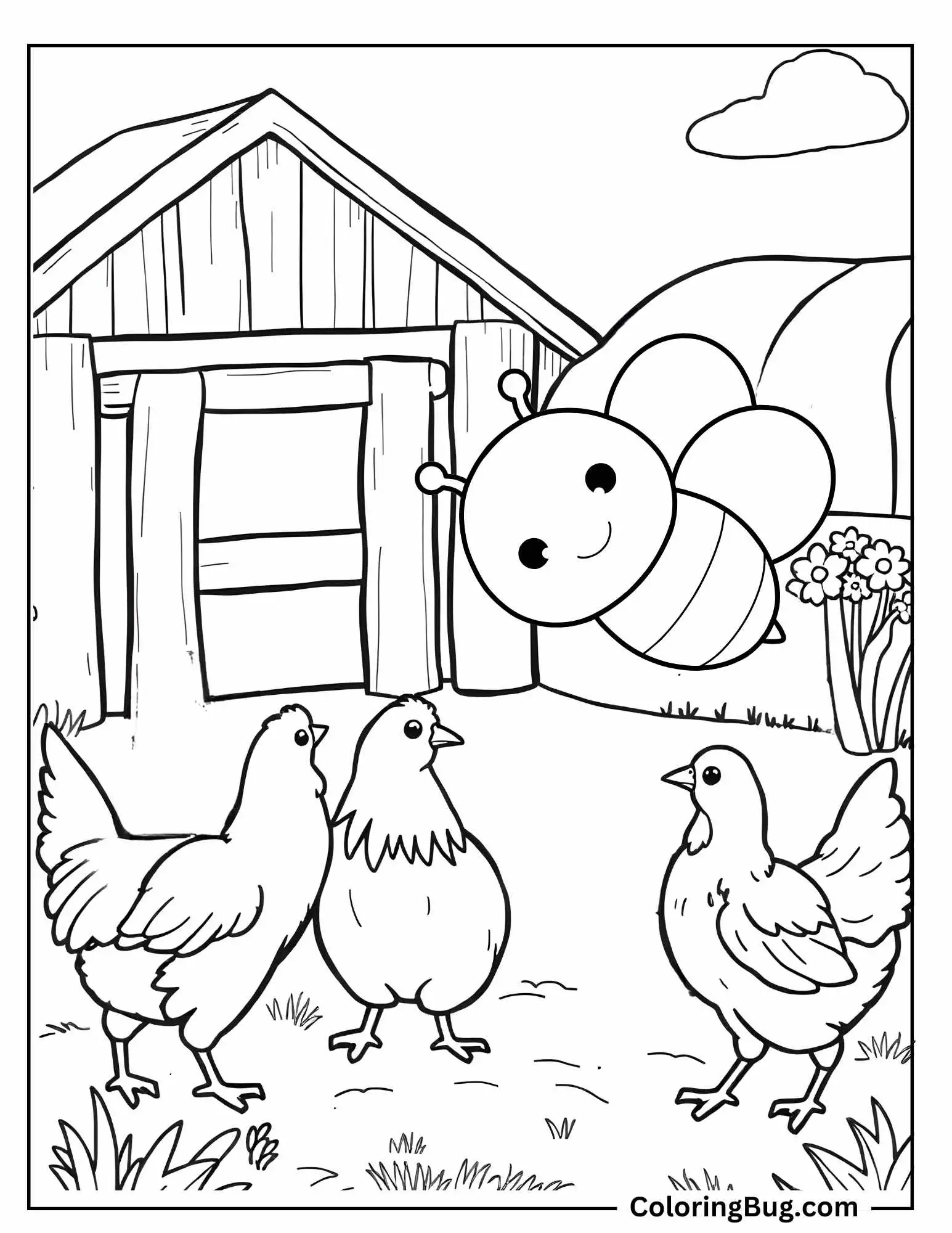 Bee Visiting Farm With Chicken Coloring Sheet