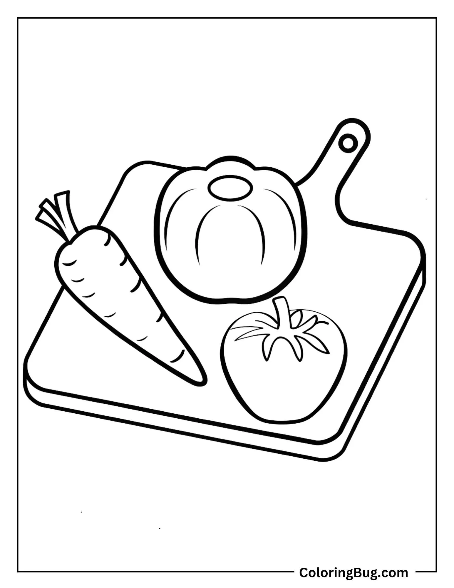 Bell Pepper, Carrot And Tomato On a Cutting Board Coloring Sheet