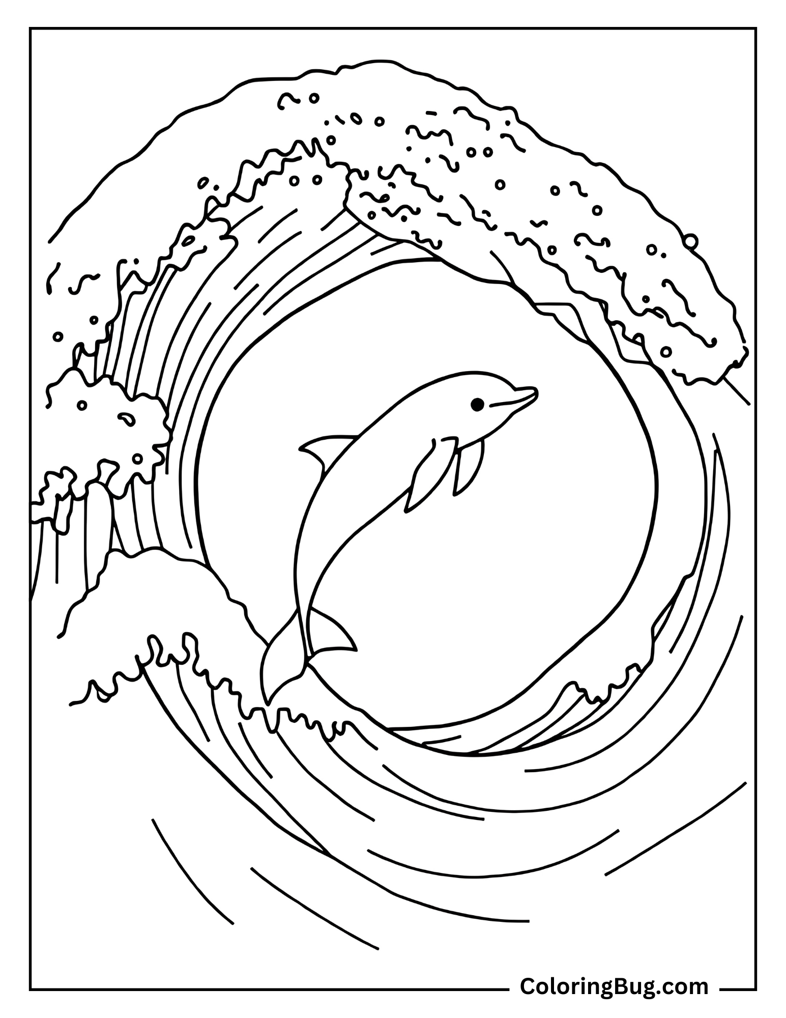 Big Ocean Wave With a Dolphin Jumping Through it Coloring Sheet