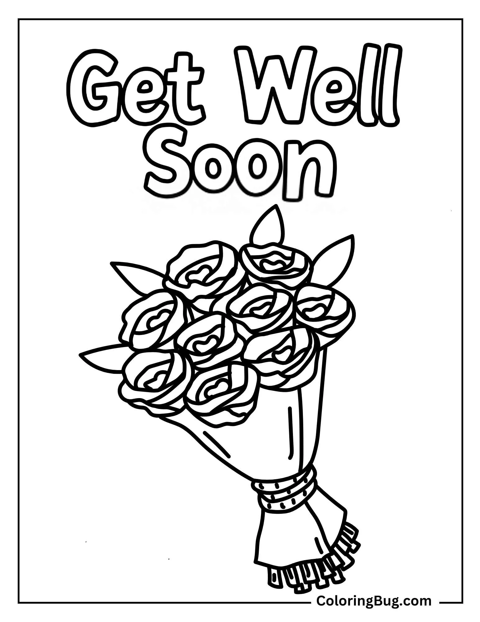 Bouquet Of Roses With Get Well Soon Text Coloring Sheet