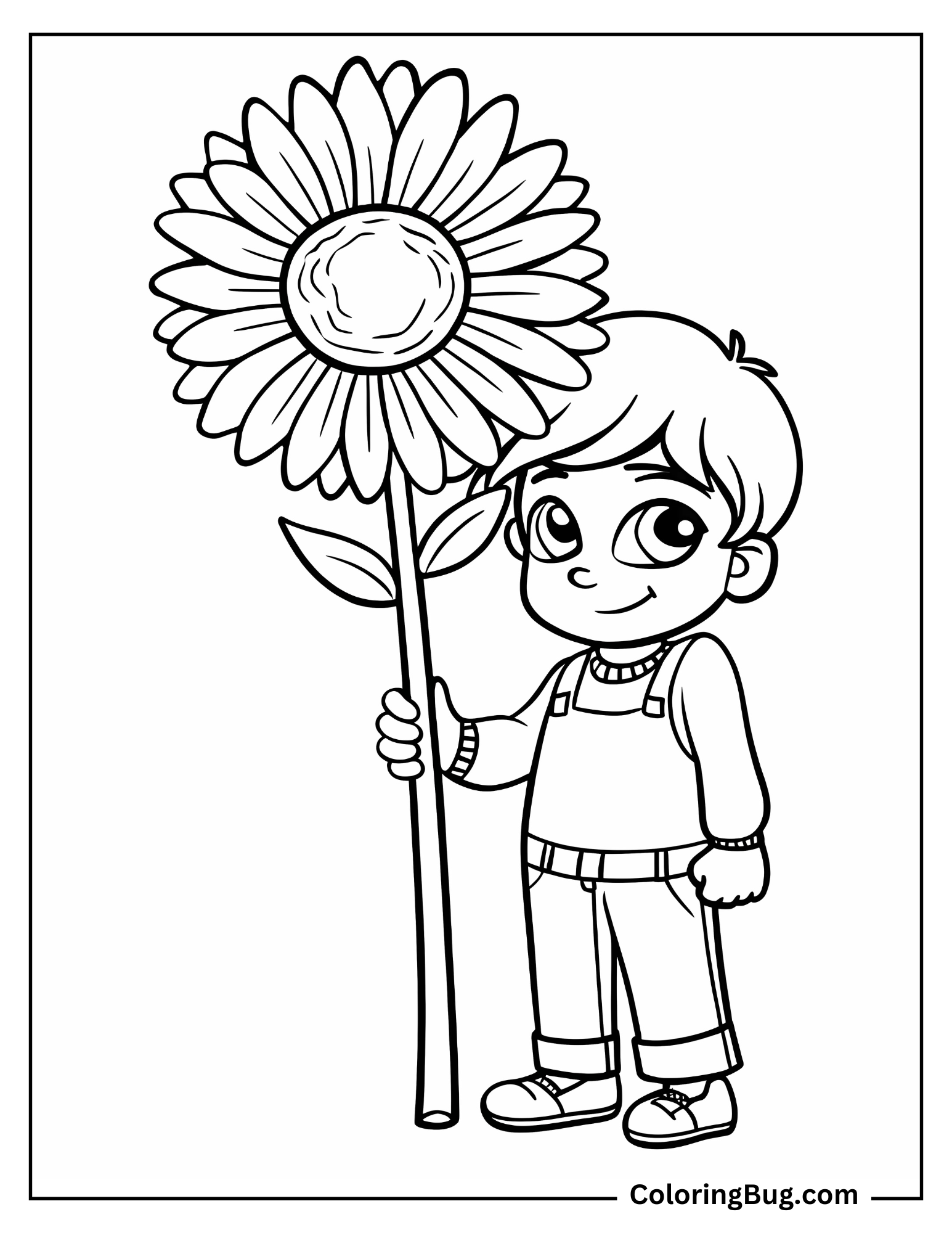 Boy Holding Big Sunflower coloring Sheet