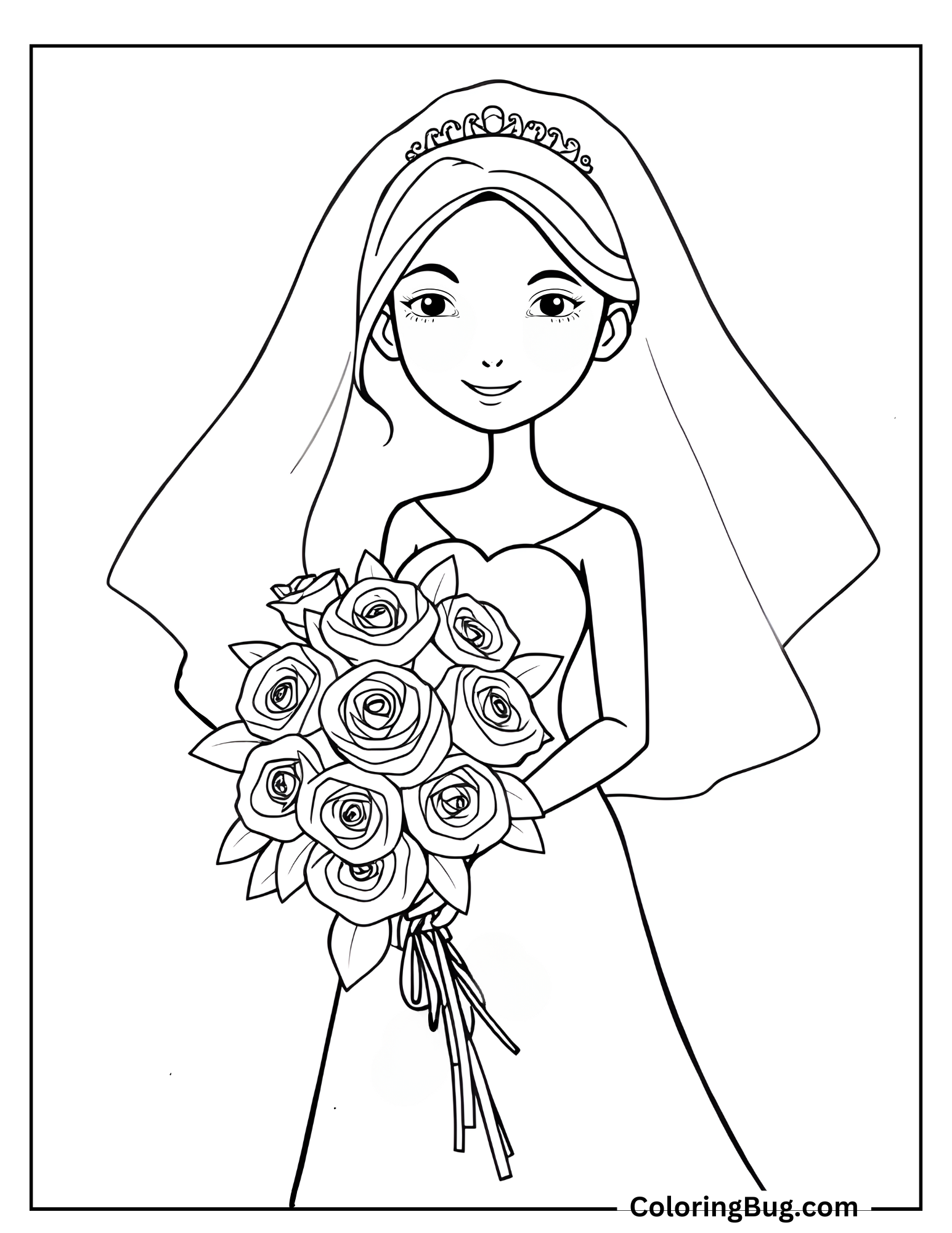 Bride Holding Rose Bouquet Coloring Sheet