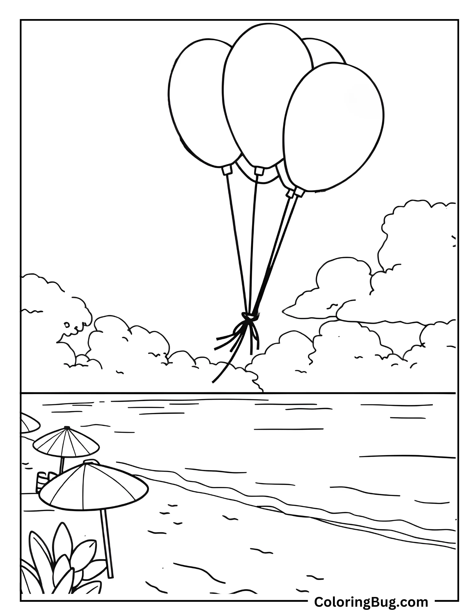 Bunch Of Balloons Floating Over Beach Coloring Sheet