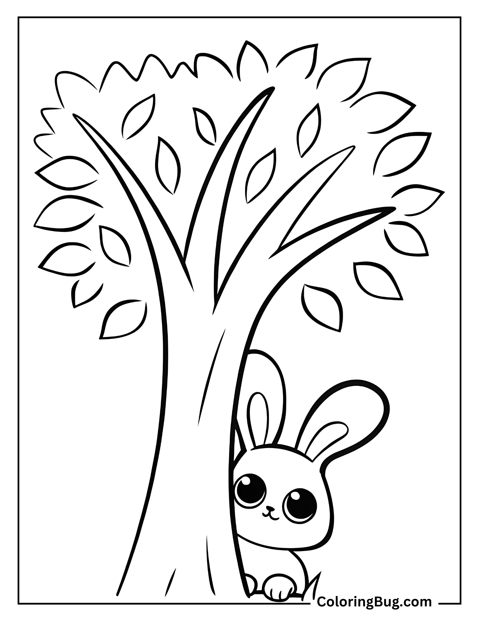 Bunny Peeking Out From Behind a Tree Coloring Sheet