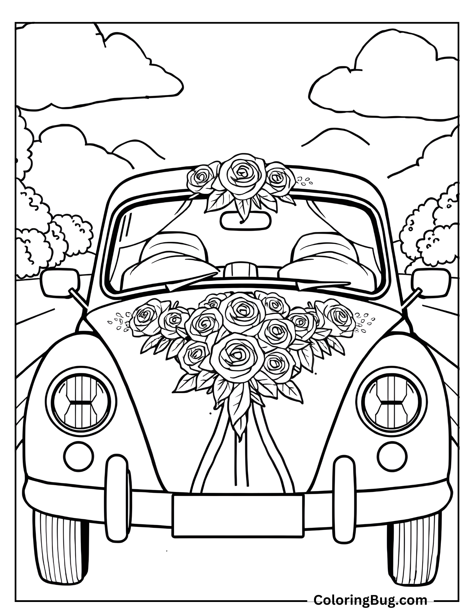 Car Decorated With Fresh Roses Coloring Sheet
