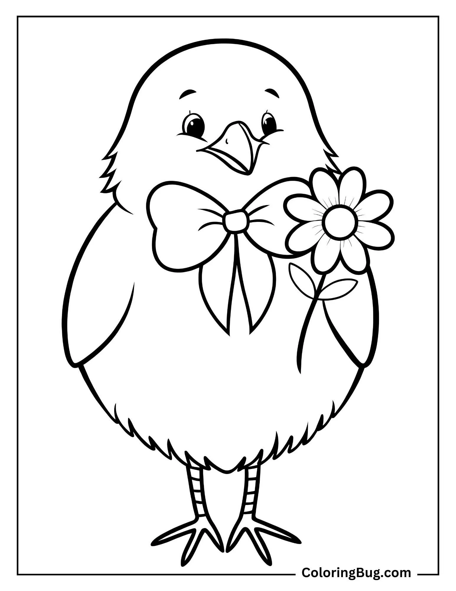 Chick Wearing a Bow and Holding a Flower Coloring Sheet
