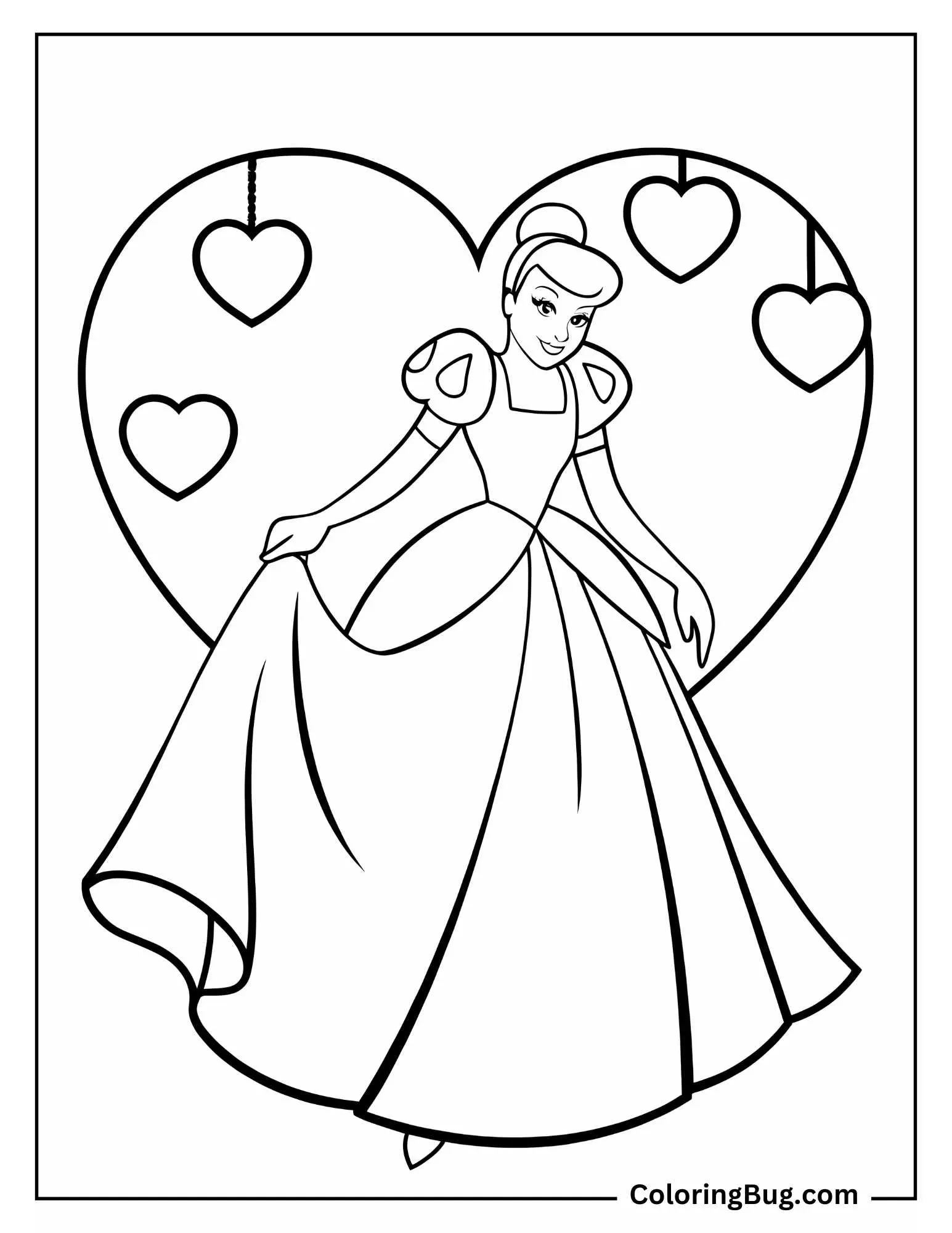 Cinderella With Heart Coloring Sheet