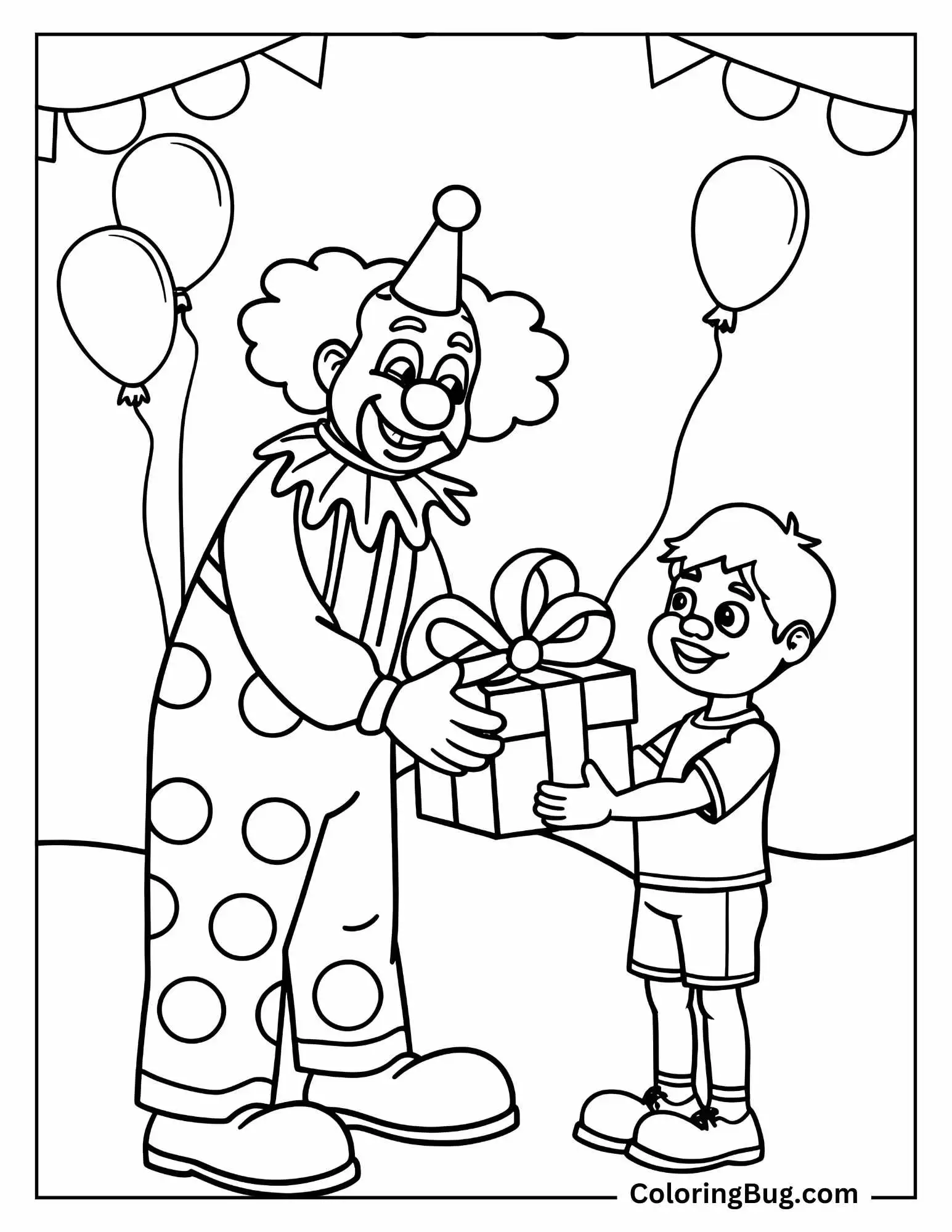 Clown Giving Gift to a Little Boy Coloring Sheet