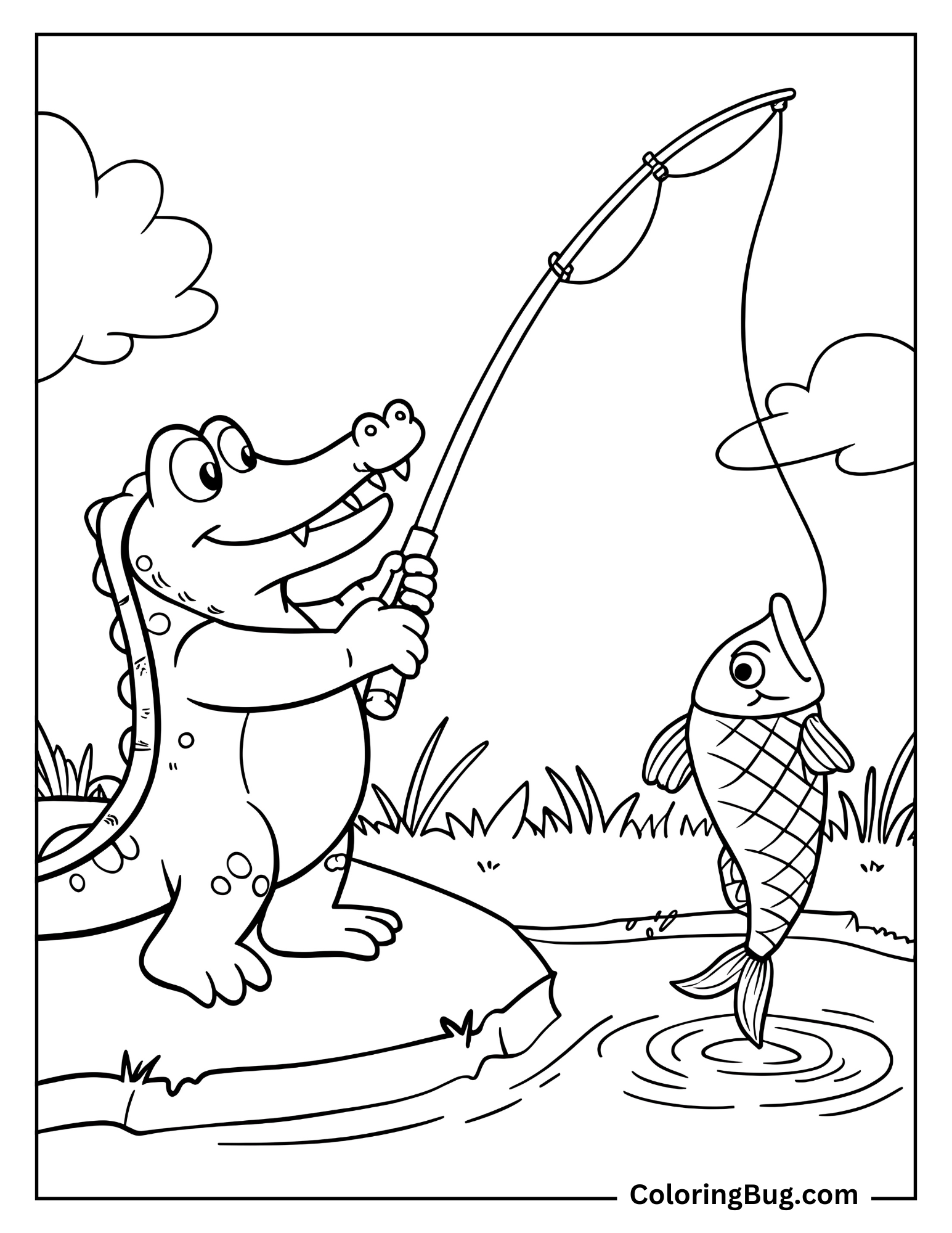 Crocodile Fishing With Fishing Rod, Catching a Big Fish Coloring Sheet