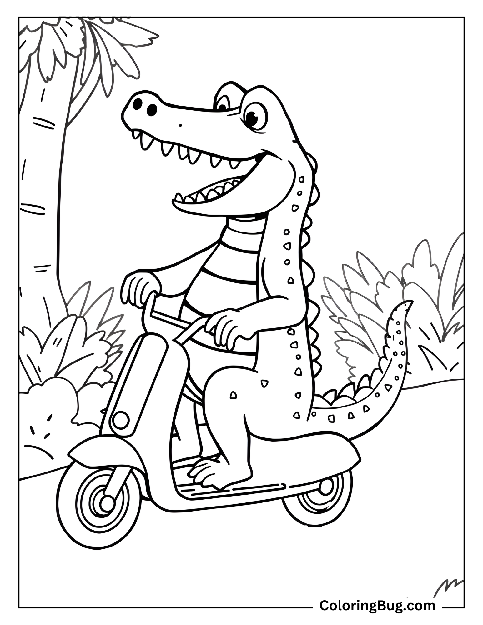 Crocodile Riding a Scooter Through the Forest Coloring Sheet