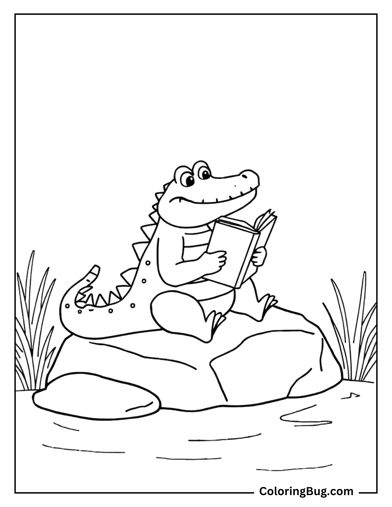 Crocodile Sitting on Rock, Reading a Book by The River  Coloring Sheet