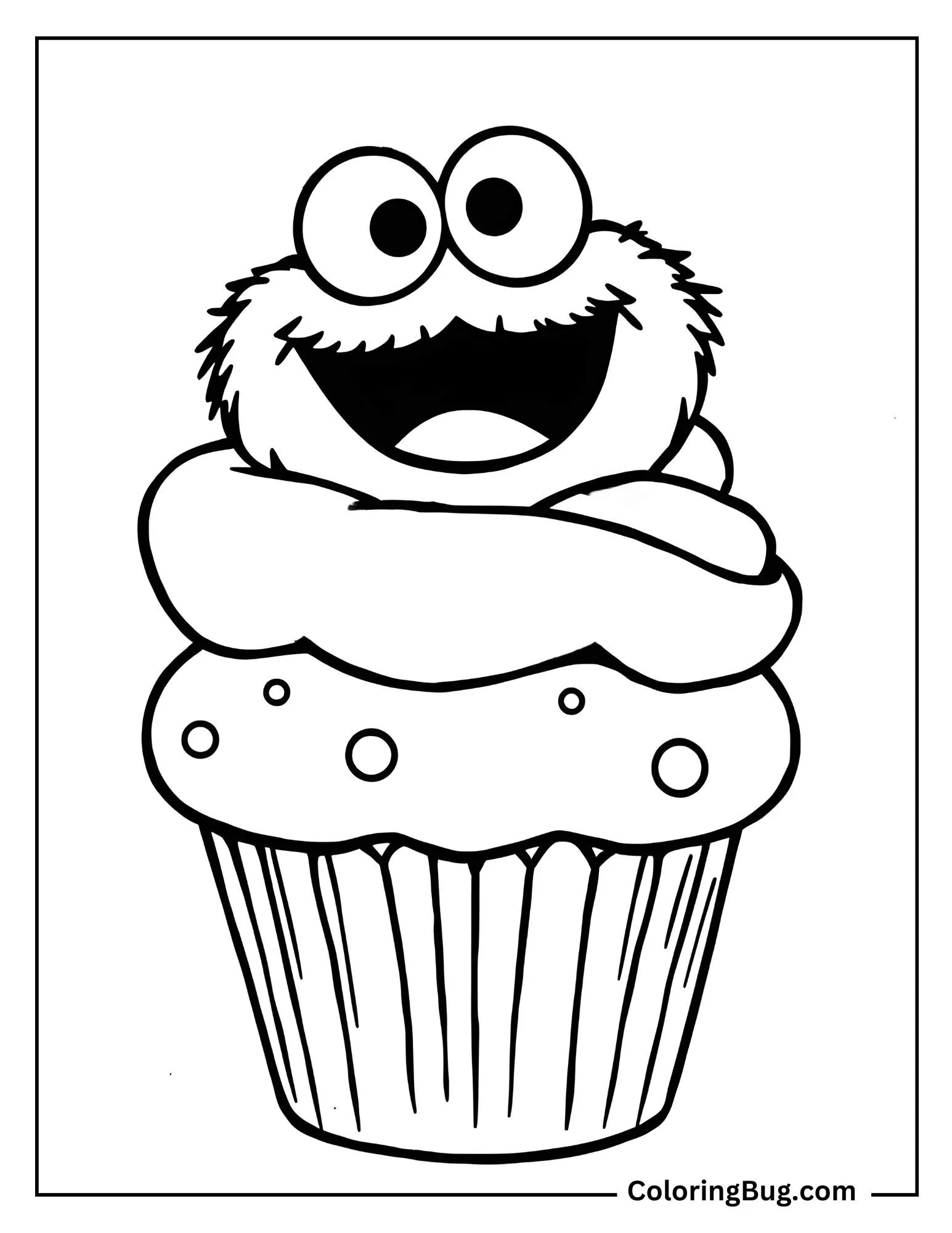 Cupcake With Cookie Monster Theme Coloring Sheet