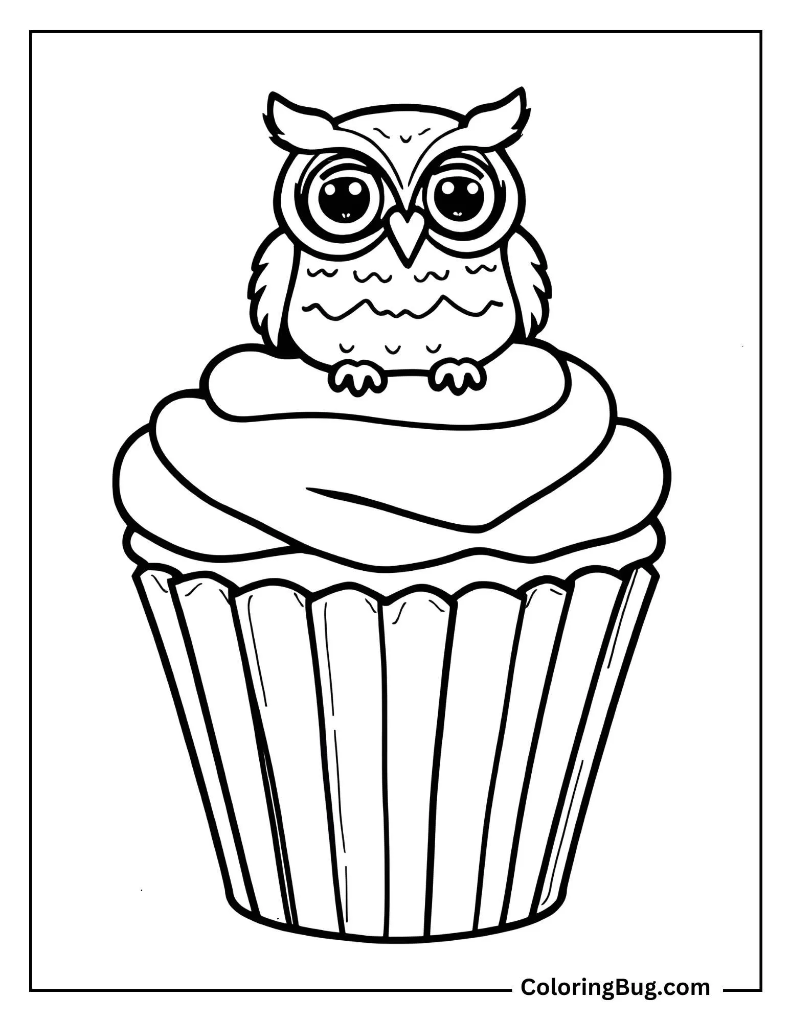Cupcake With Cute Owl On Top Coloring Sheet