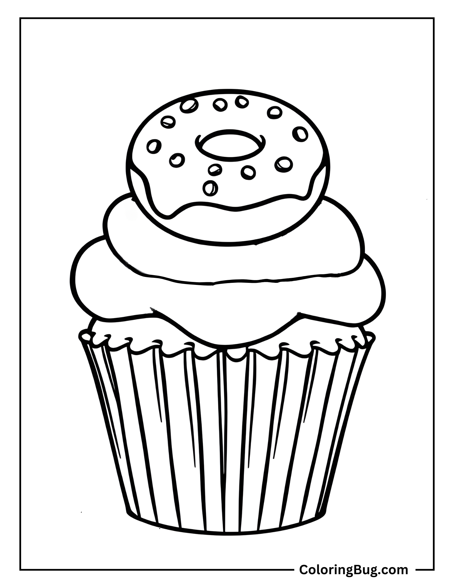 Cupcake With Doughnut On Top Coloring Sheet