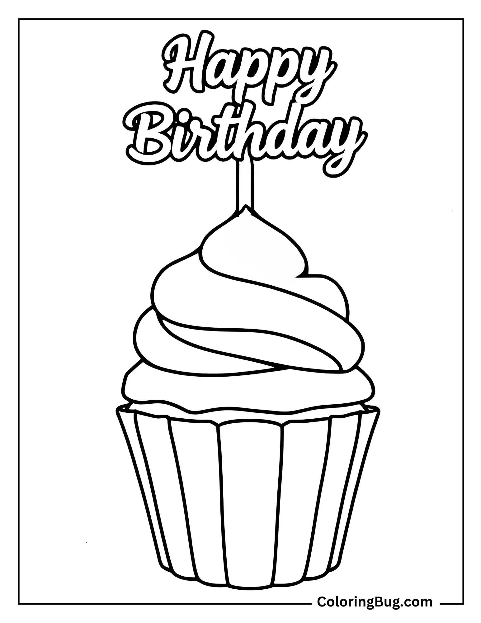 Cupcake With Happy Birthday Topper Coloring Sheet
