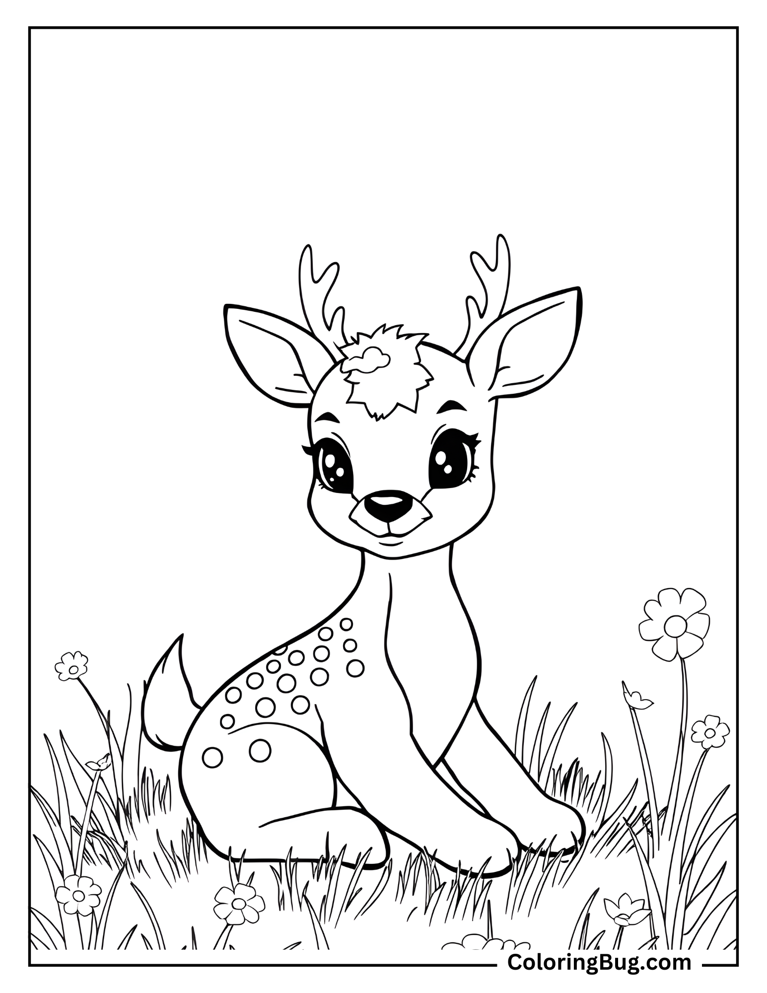 Cute Baby Deer Sitting in Grass coloring Sheet