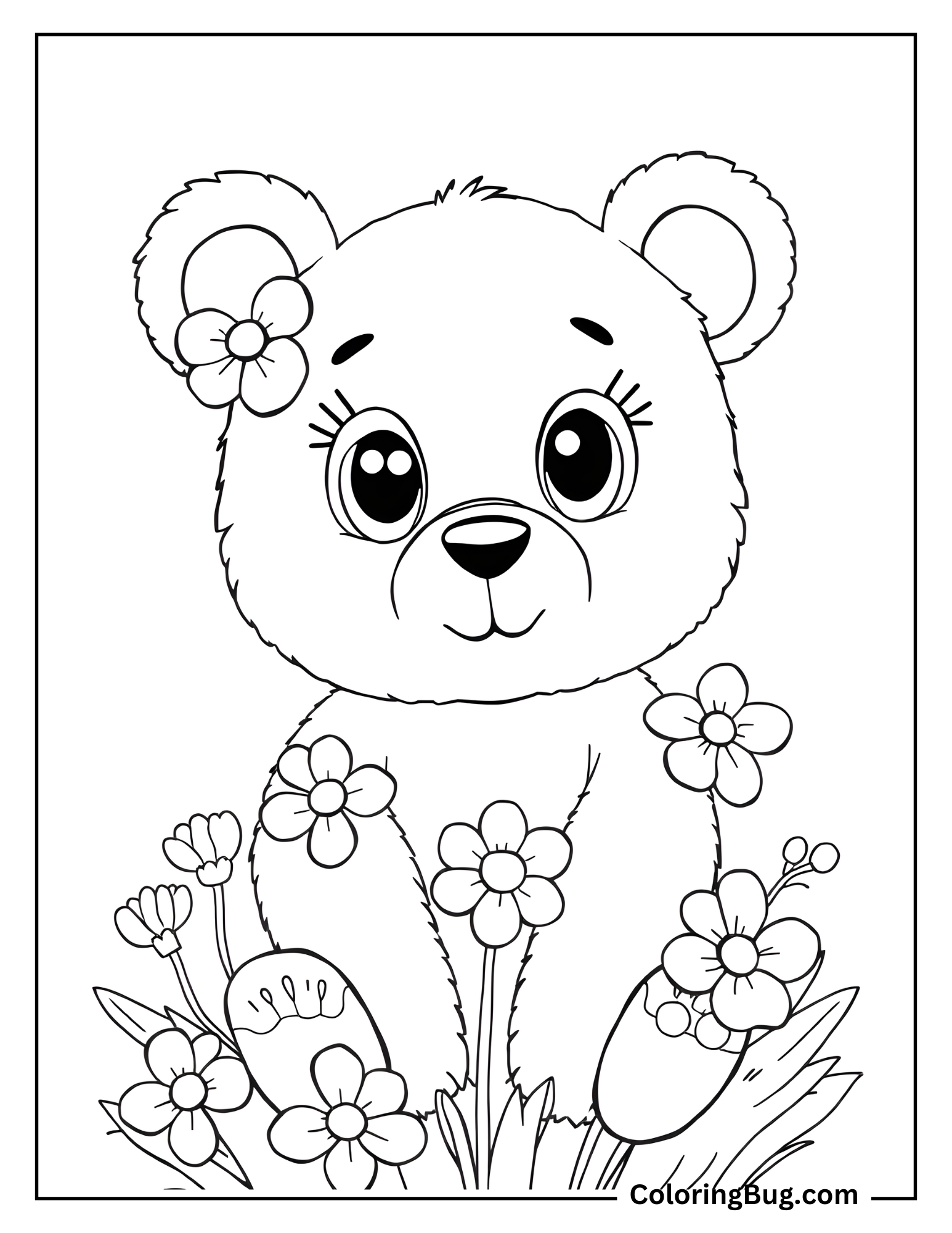 Cute Bear With Flowers Coloring Sheet
