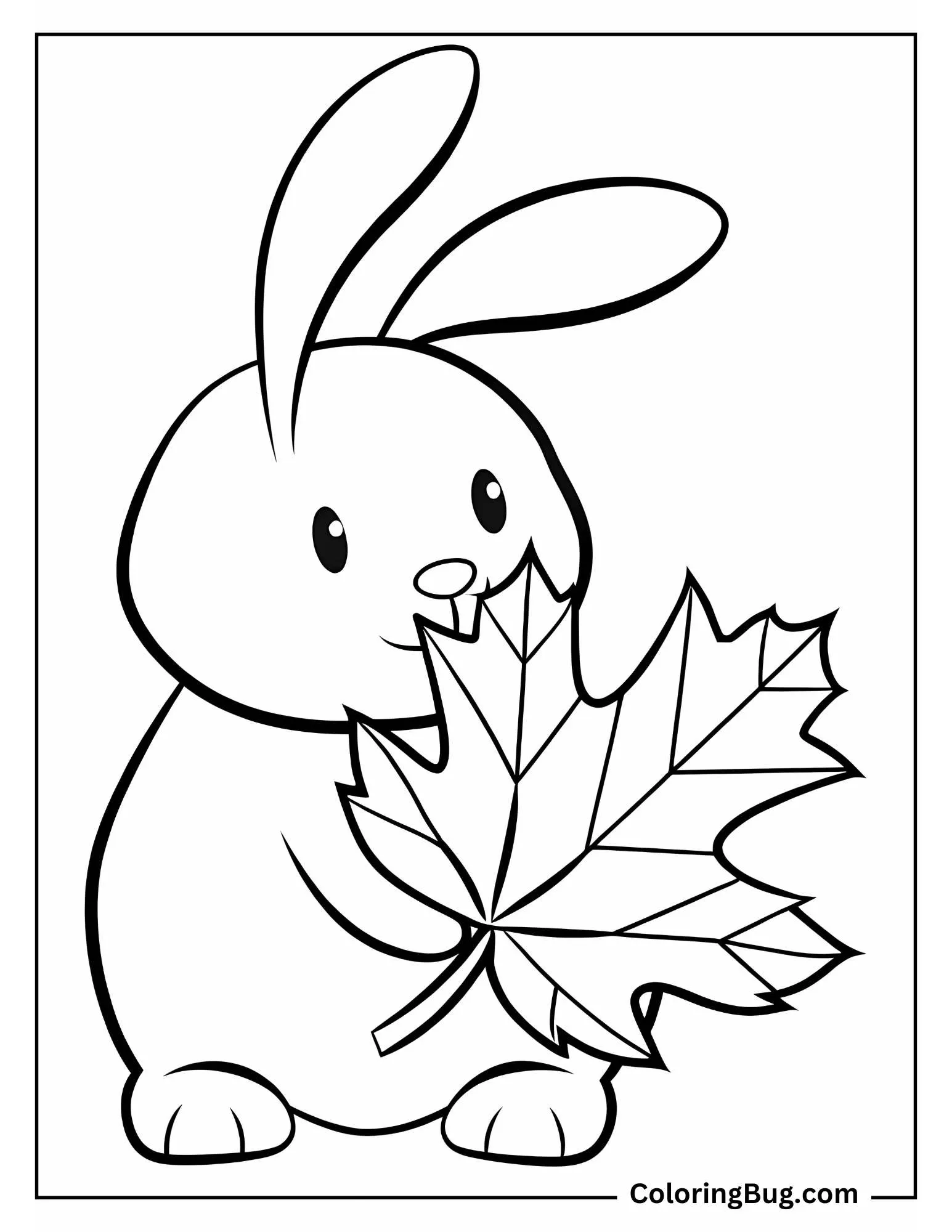 Cute Bunny Holding Maple Leaf Coloring Sheet
