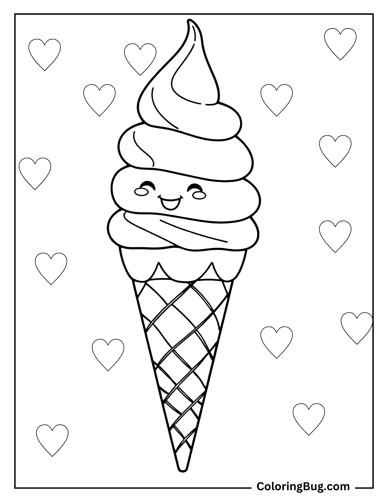 Cute Cartoon Ice Cream On A Cone coloring Sheet