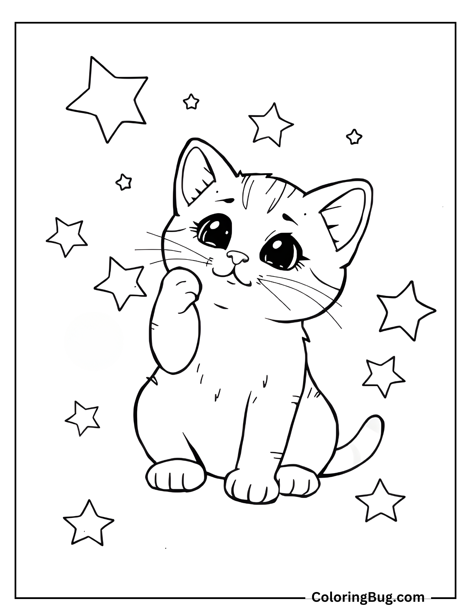 Cute Cat Playing With Stars Coloring Sheet