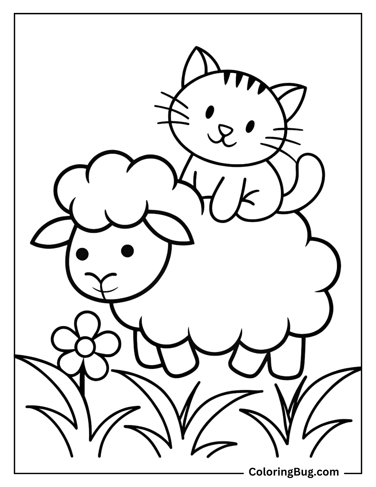 Cute Cat Riding a Sheep coloring Sheet