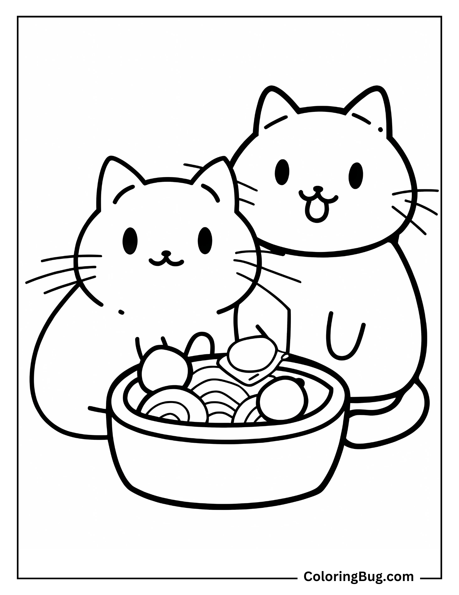 Cute Cats Eating Lunch Coloring Sheet