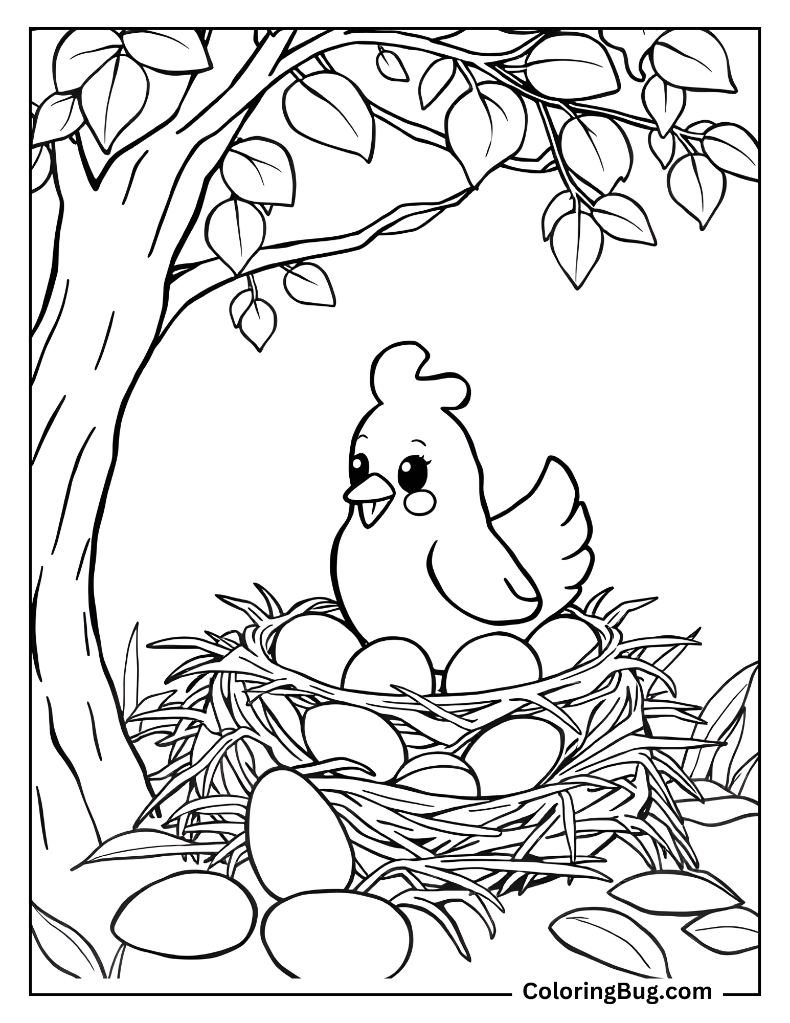 Cute Chicken in The Nest Coloring Sheet