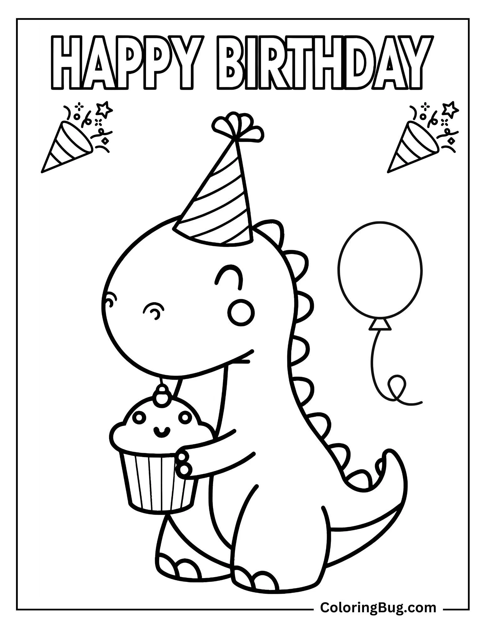 Cute Dinosaur Celebrating Birthday With Happy Birthday Text Coloring Sheet