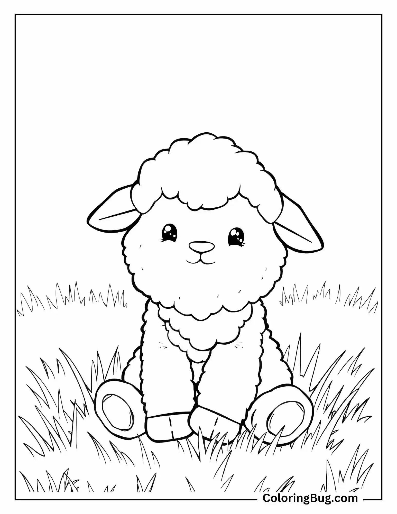 Cute Fluffy Lamb Sitting on Grass Coloring Sheet