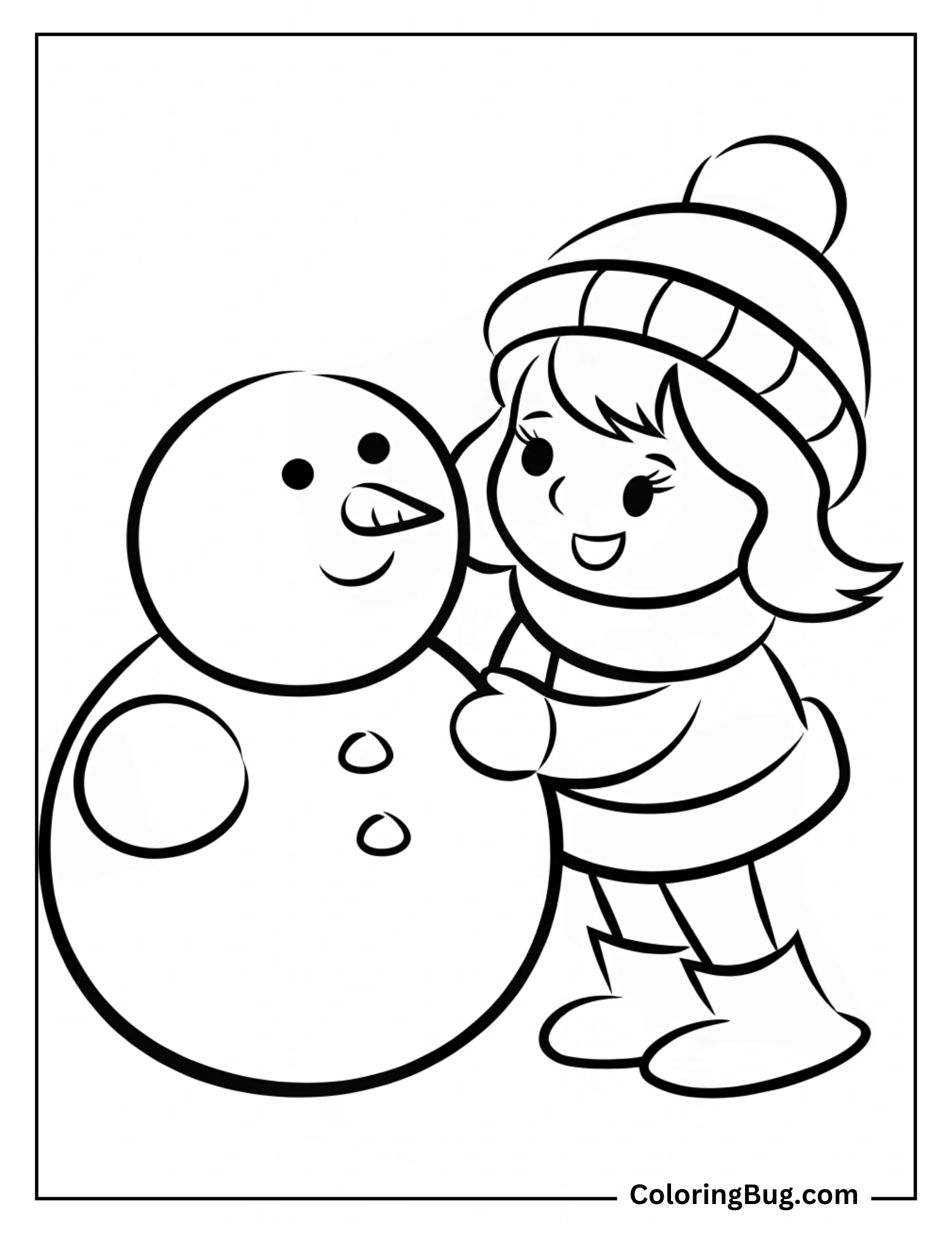 Cute Girl With Snowman coloring Sheet
