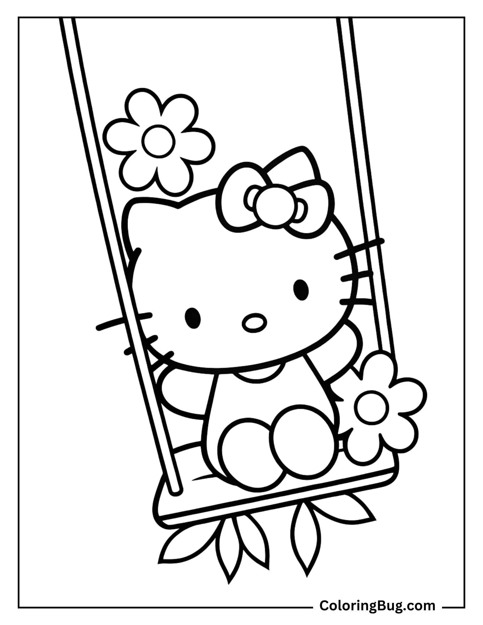 Cute Hello Kitty on Swing coloring Sheet