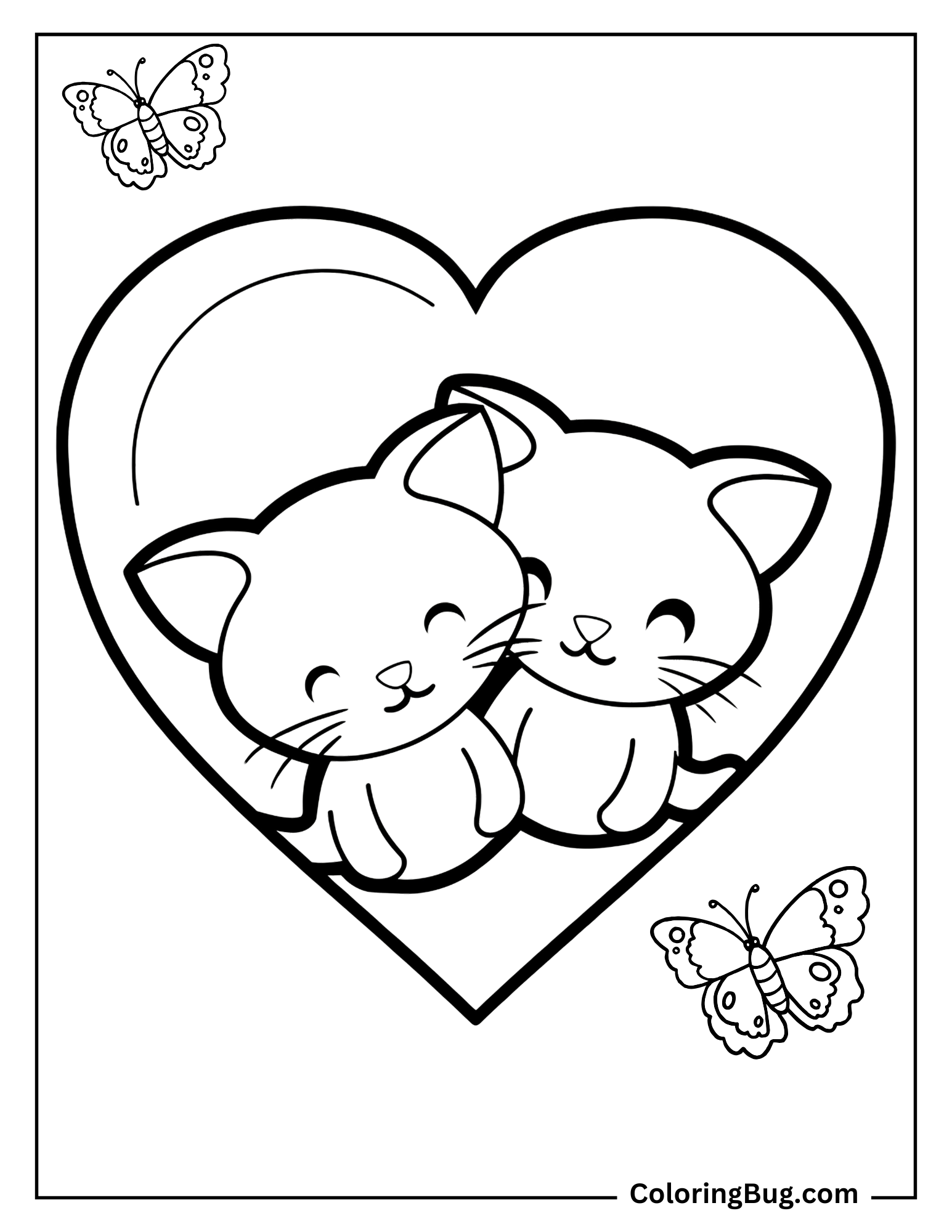 Cute Kittens Inside Heart coloring Sheet