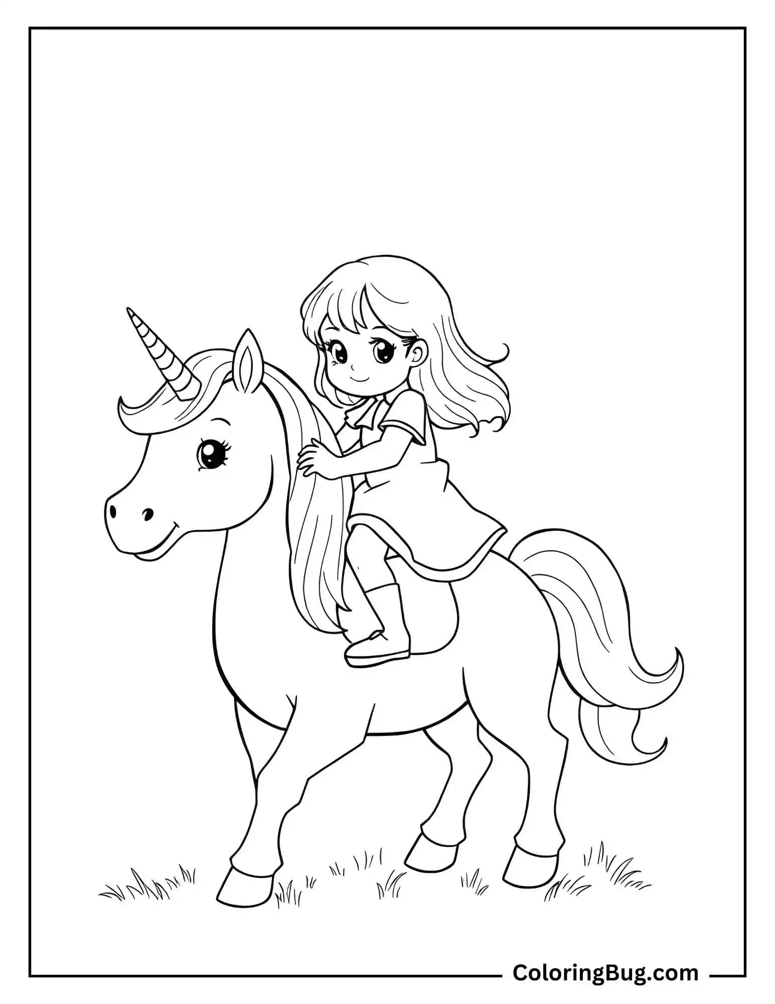 Cute Little Girl Riding A Unicorn Coloring Sheet